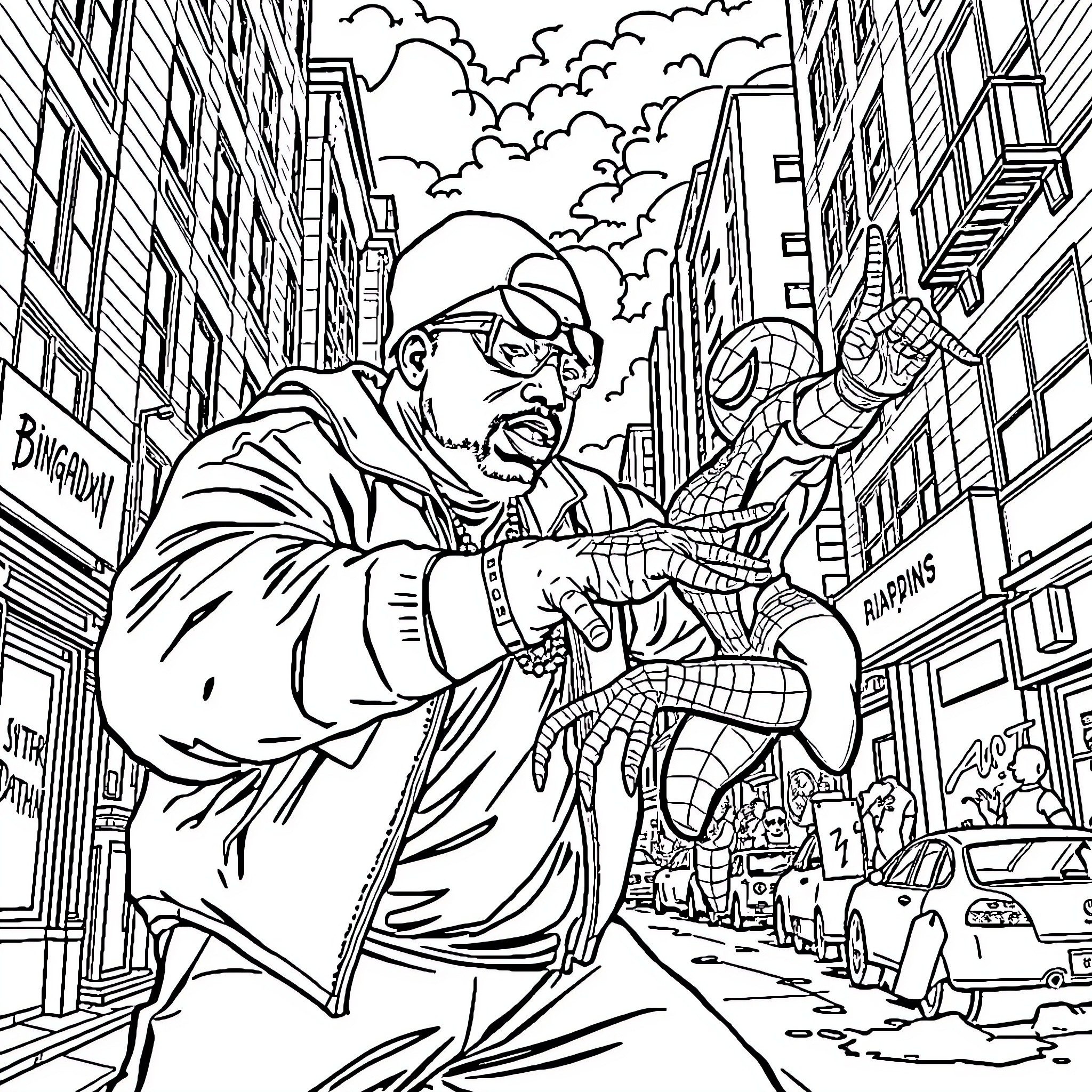 Biggie Smalls Fights Off Superheroes in the City Coloring Page (free black-and-white line drawing printable PDF for all, from beginners to advanced learners, including children, teens, adults, and seniors)