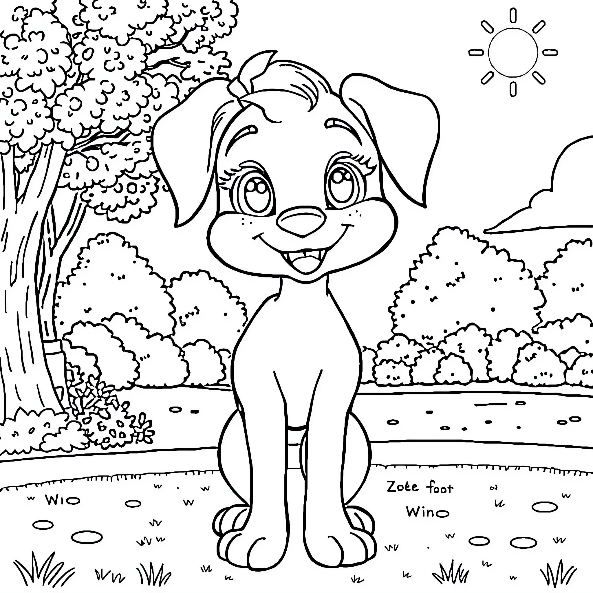 Zoey the happy puppy exploring the outdoors Coloring Page (free black-and-white line drawing printable PDF for all, from beginners to advanced learners, including children, teens, adults, and seniors)
