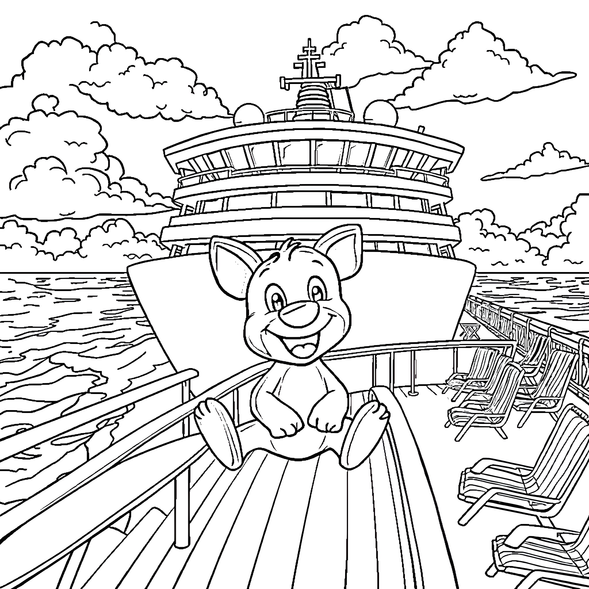 Bluey exploring a cruise ship adventure Coloring Page (free black-and-white line drawing printable PDF for all, from beginners to advanced learners, including children, teens, adults, and seniors)