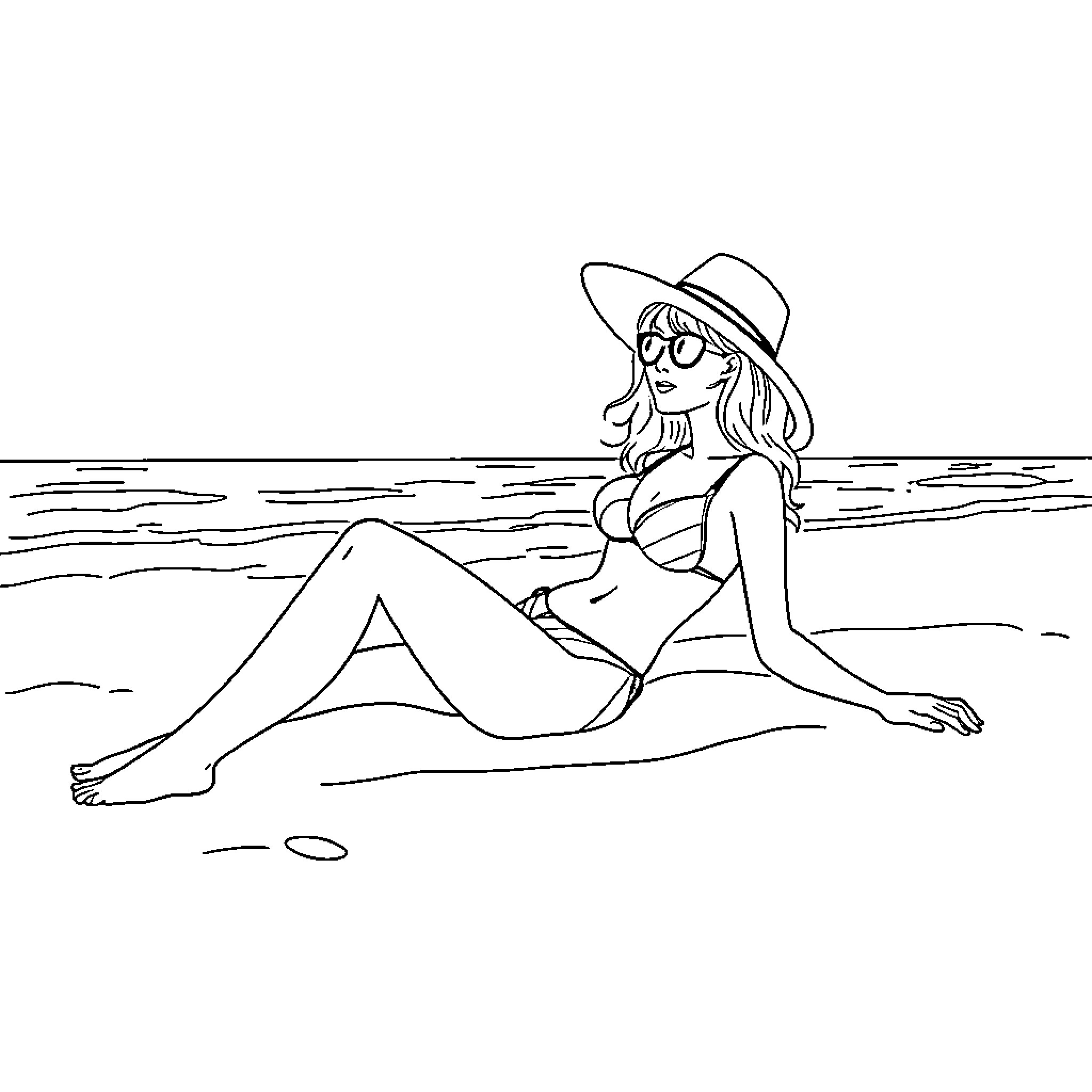 Girl relaxing on the beach in summer attire Coloring Page (free black-and-white line drawing printable PDF for all, from beginners to advanced learners, including children, teens, adults, and seniors)
