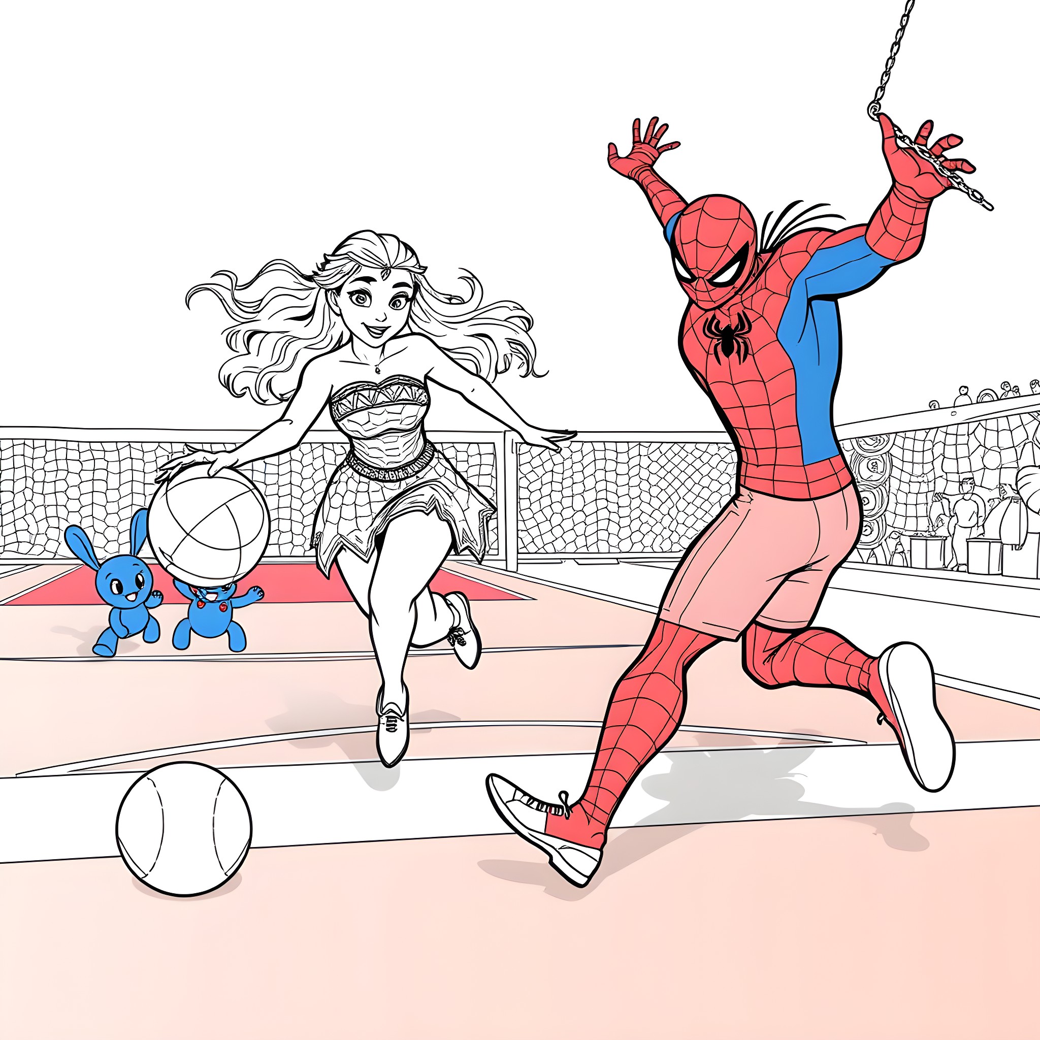 Moana and Spider-Man playing sports on the field Coloring Page (free black-and-white line drawing printable PDF for all, from beginners to advanced learners, including children, teens, adults, and seniors)