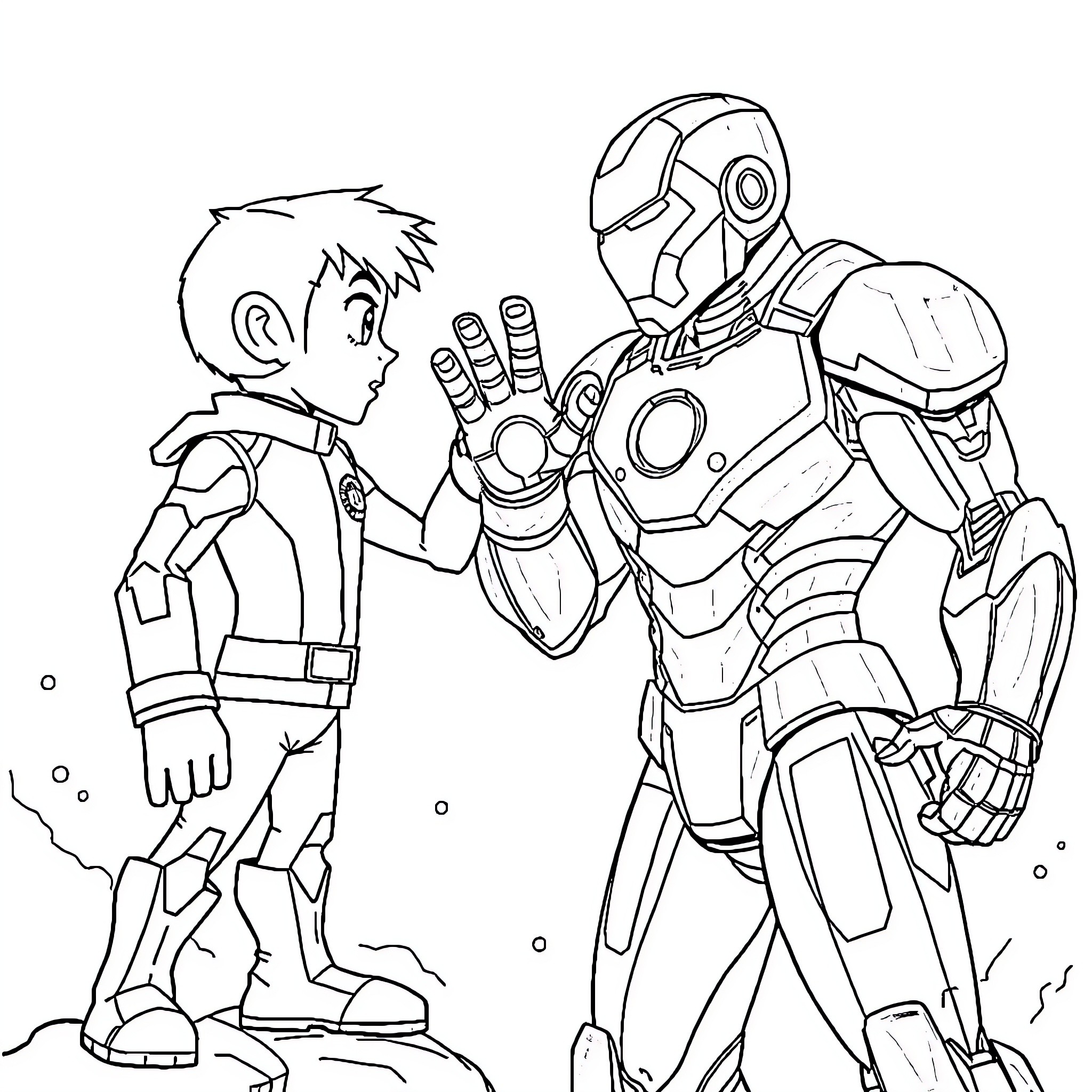 Ben 10 battles with a futuristic robot companion Coloring Page (free black-and-white line drawing printable PDF for all, from beginners to advanced learners, including children, teens, adults, and seniors)
