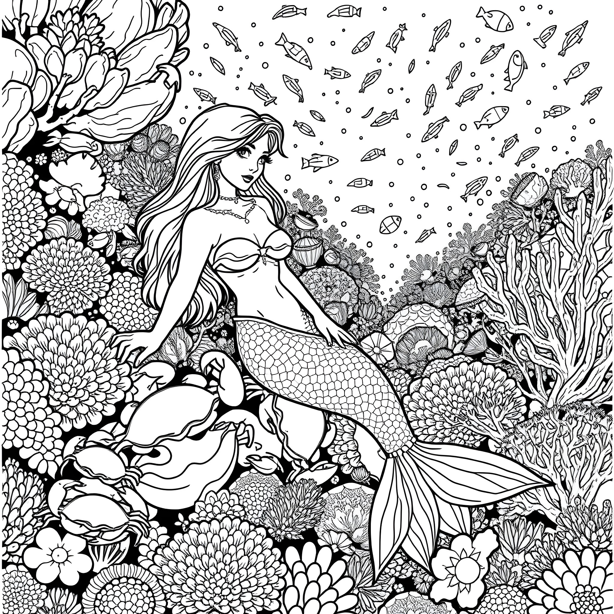 Mermaid exploring the underwater coral reef Coloring Page (free black-and-white line drawing printable PDF for all, from beginners to advanced learners, including children, teens, adults, and seniors)