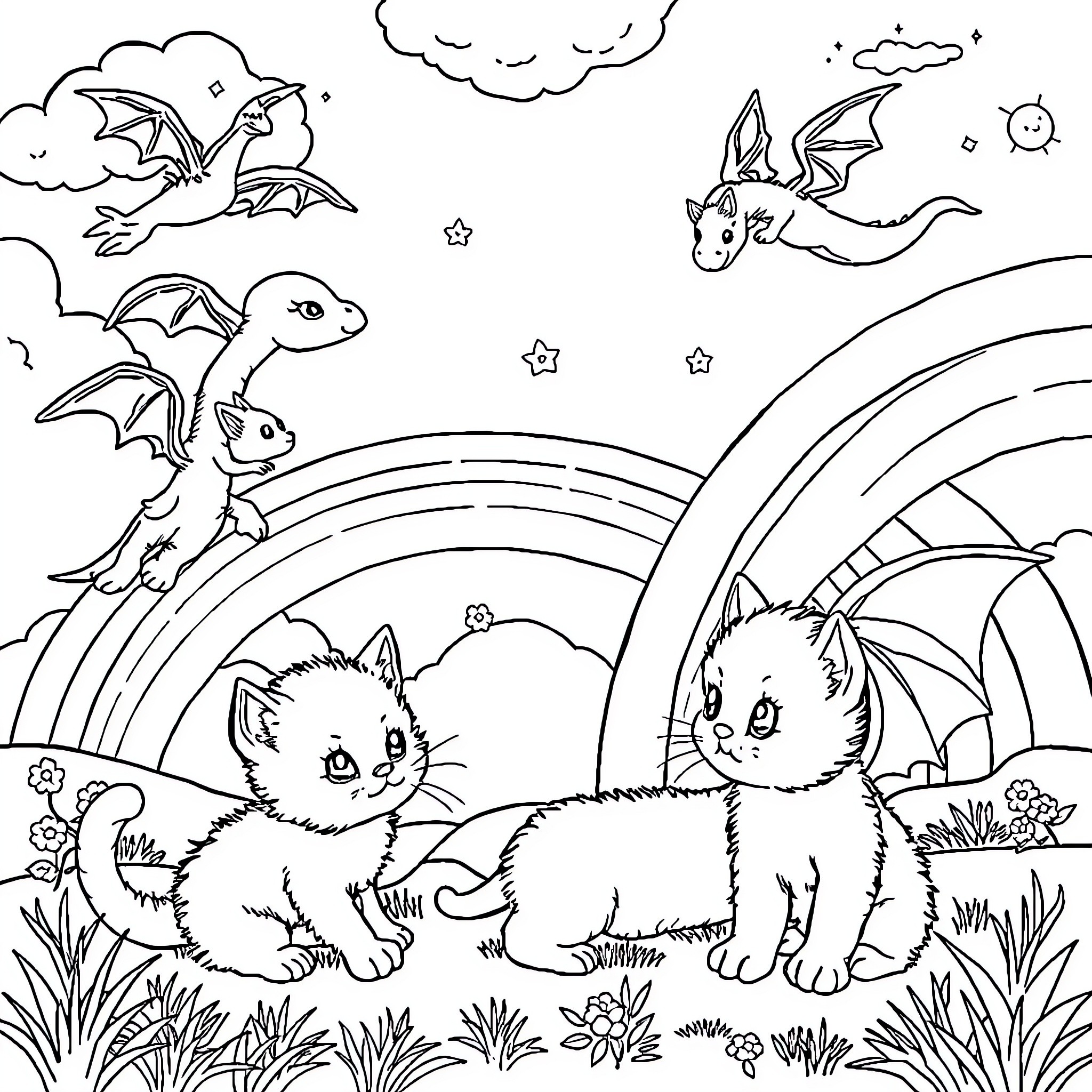 Kittens playing in a whimsical landscape Coloring Page (free black-and-white line drawing printable PDF for all, from beginners to advanced learners, including children, teens, adults, and seniors)