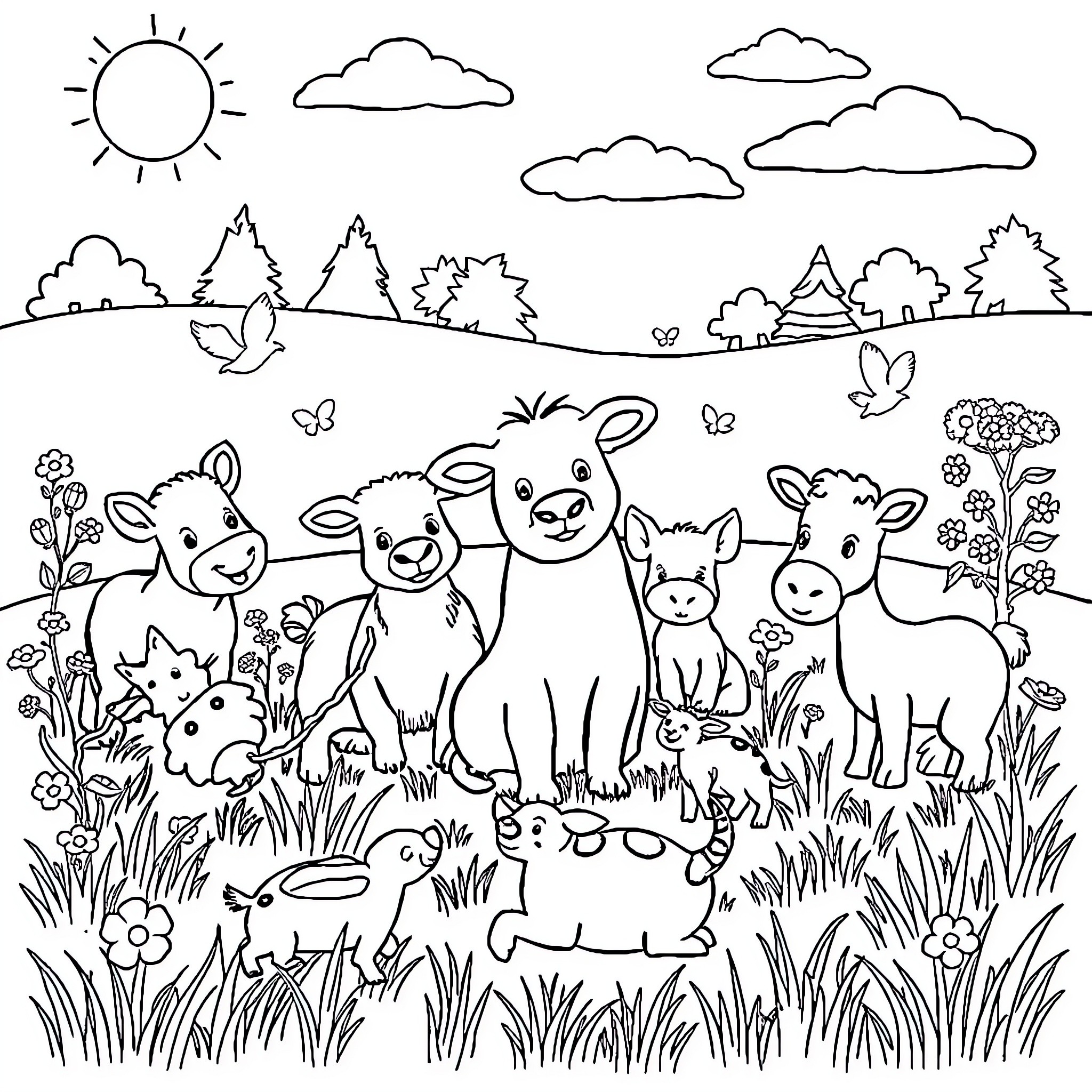 Animal friends in a peaceful meadow Coloring Page (free black-and-white line drawing printable PDF for all, from beginners to advanced learners, including children, teens, adults, and seniors)