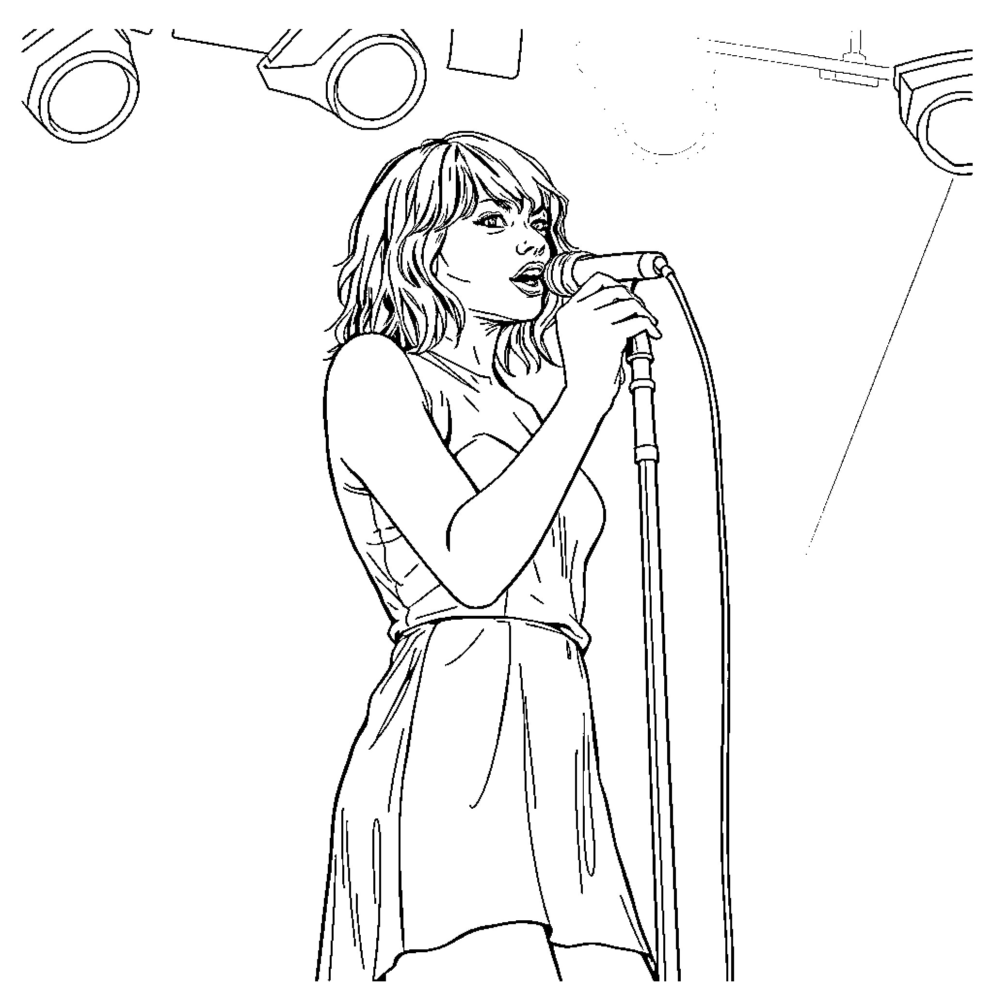Taylor Swift performing on stage Coloring Page (free black-and-white line drawing printable PDF for all, from beginners to advanced learners, including children, teens, adults, and seniors)