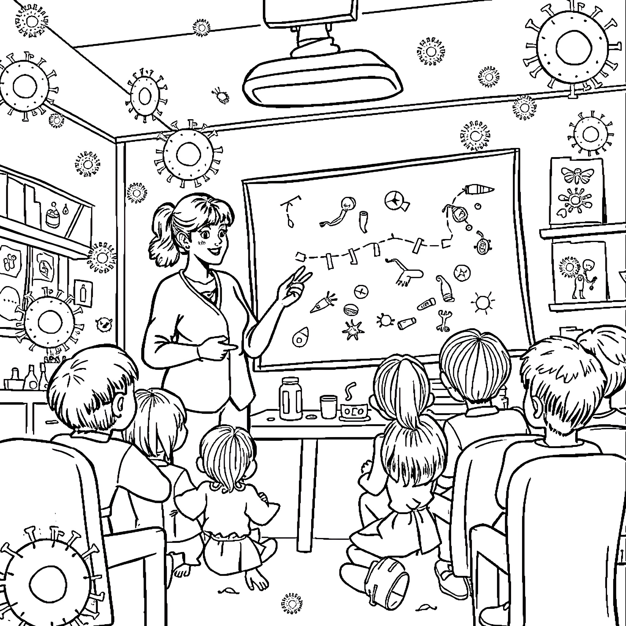 Germ Classroom Lesson on Germs and Bacteria Coloring Page (free black-and-white line drawing printable PDF for all, from beginners to advanced learners, including children, teens, adults, and seniors)