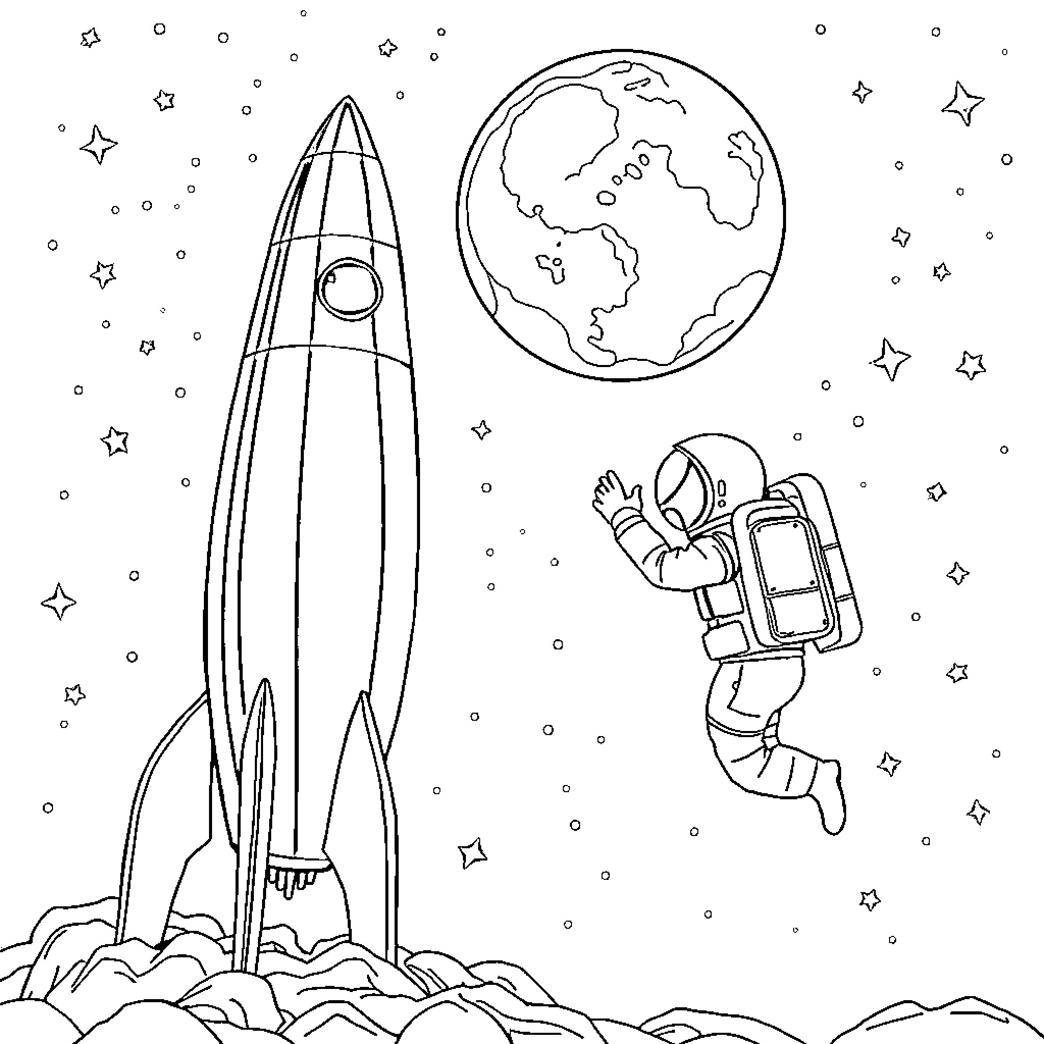 Rocket launch into the starry space Coloring Page (free black-and-white line drawing printable PDF for all, from beginners to advanced learners, including children, teens, adults, and seniors)
