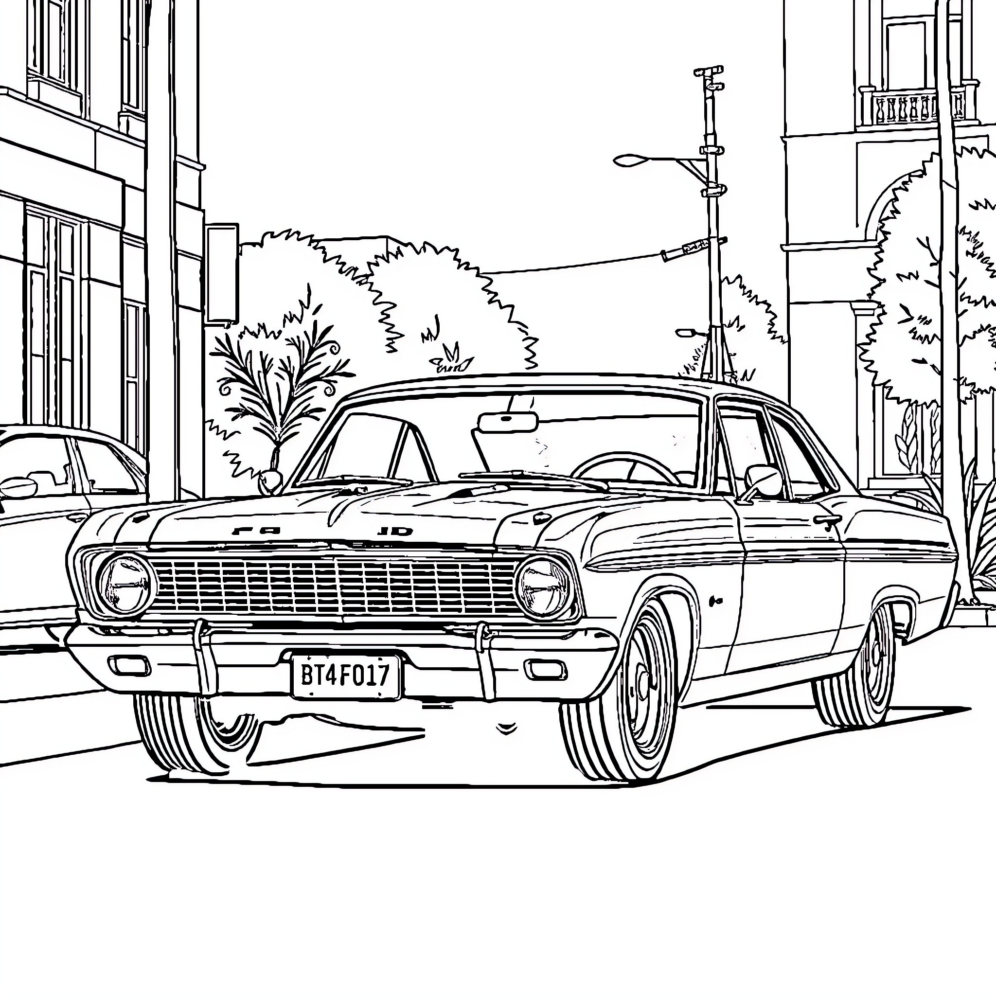 Ford Falcon in a city street scene Coloring Page (free black-and-white line drawing printable PDF for all, from beginners to advanced learners, including children, teens, adults, and seniors)