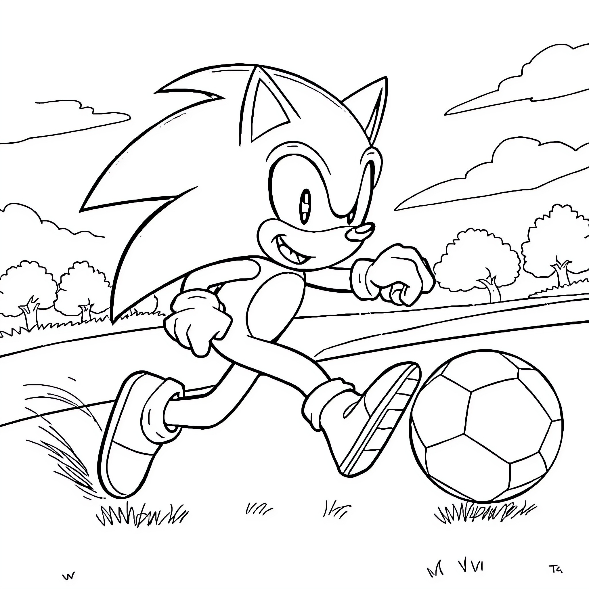 Sonic running and kicking a soccer ball on field Coloring Page (free black-and-white line drawing printable PDF for all, from beginners to advanced learners, including children, teens, adults, and seniors)