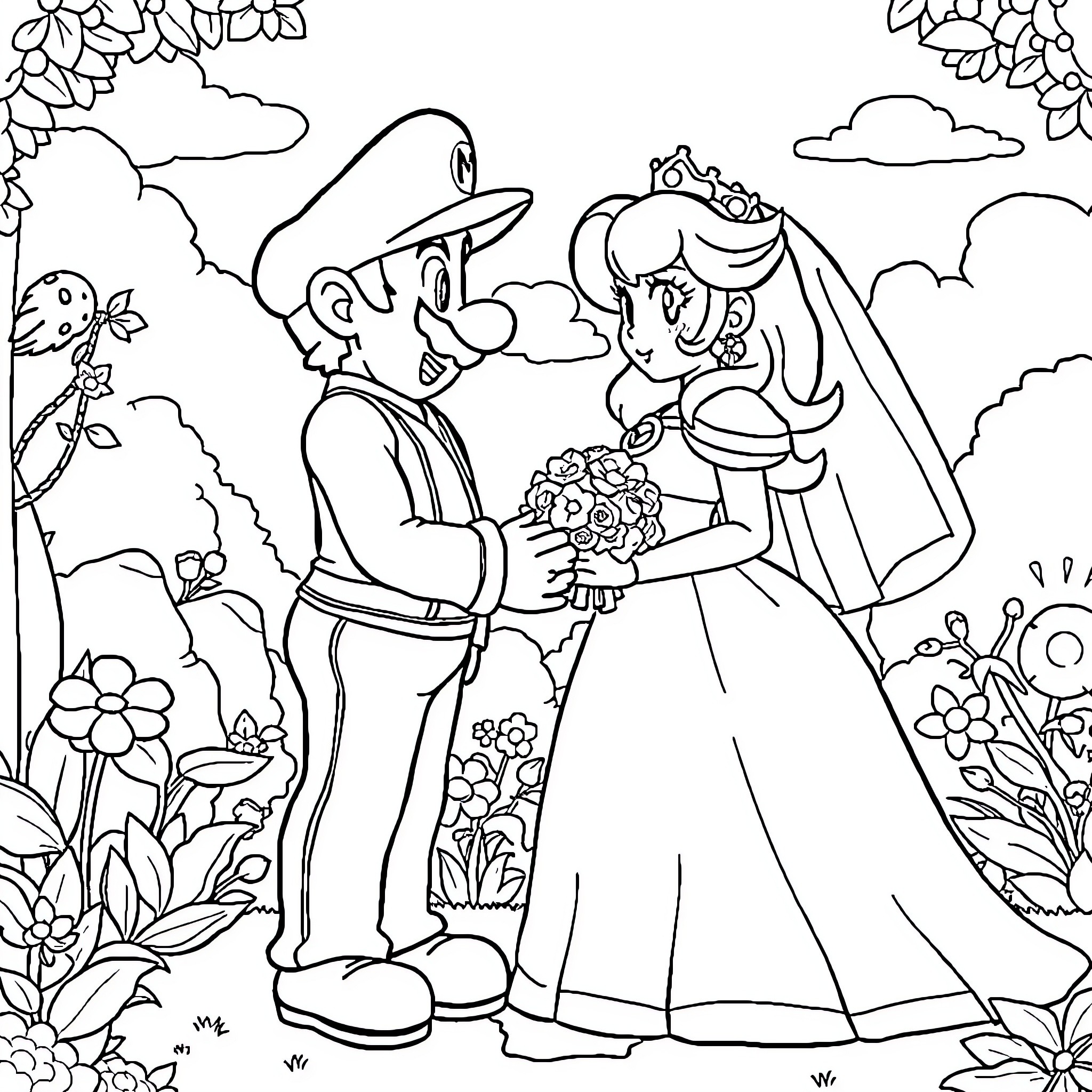 Princess and Plumber's Wedding in Flower Garden Coloring Page (free black-and-white line drawing printable PDF for all, from beginners to advanced learners, including children, teens, adults, and seniors)