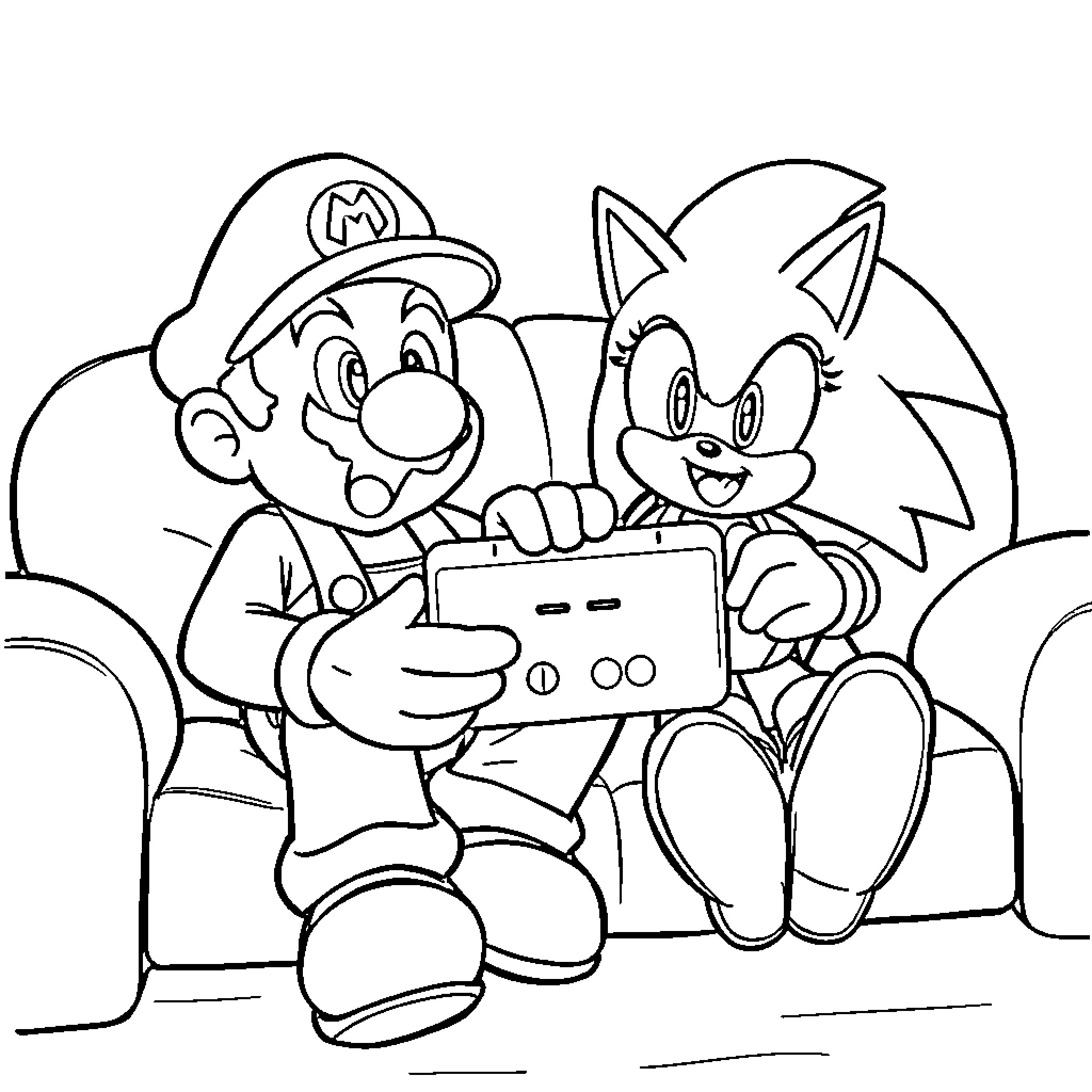 Mario and Sonic Playing Video Games Together Coloring Page (free black-and-white line drawing printable PDF for all, from beginners to advanced learners, including children, teens, adults, and seniors)