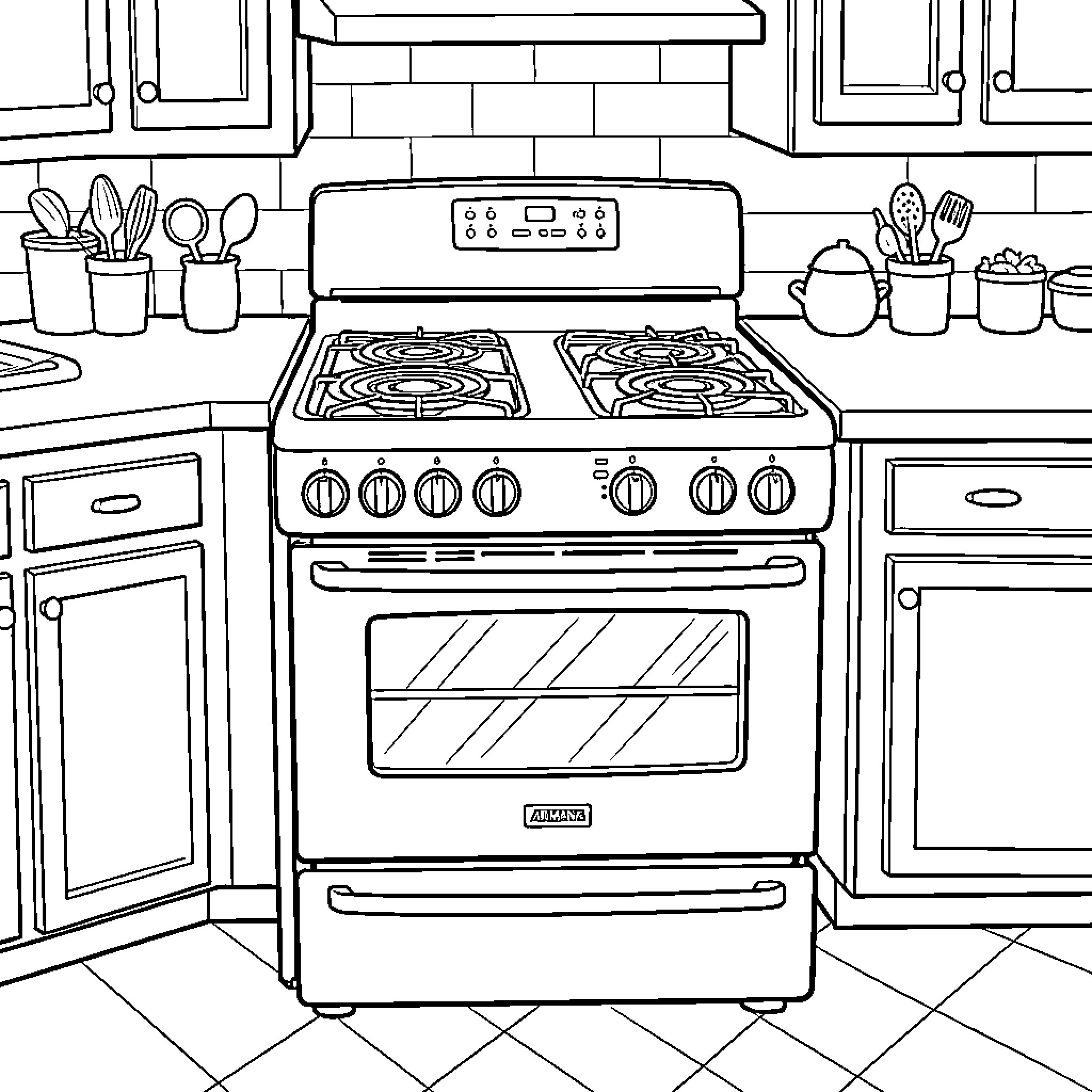 Stove sitting in a clean and organized kitchen Coloring Page (free black-and-white line drawing printable PDF for all, from beginners to advanced learners, including children, teens, adults, and seniors)
