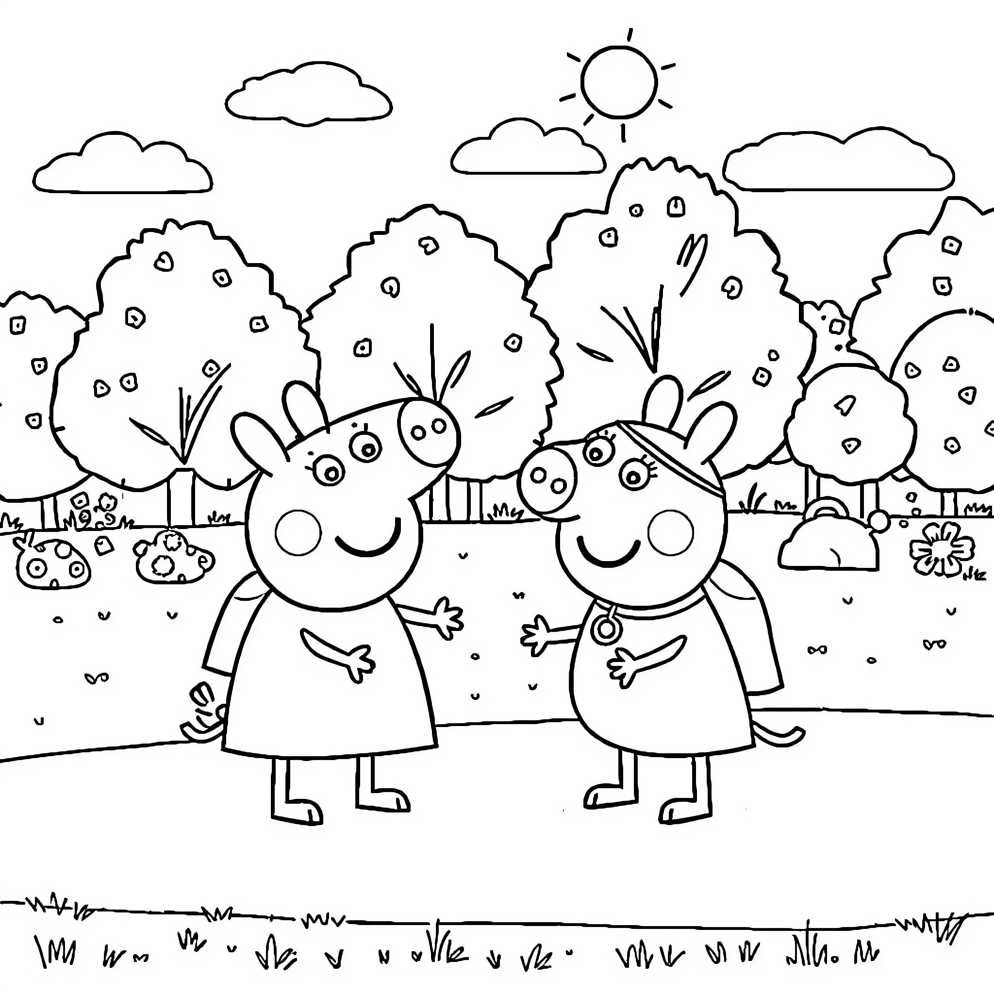 Peppa Pig and friends enjoying outdoor adventure Coloring Page (free black-and-white line drawing printable PDF for all, from beginners to advanced learners, including children, teens, adults, and seniors)
