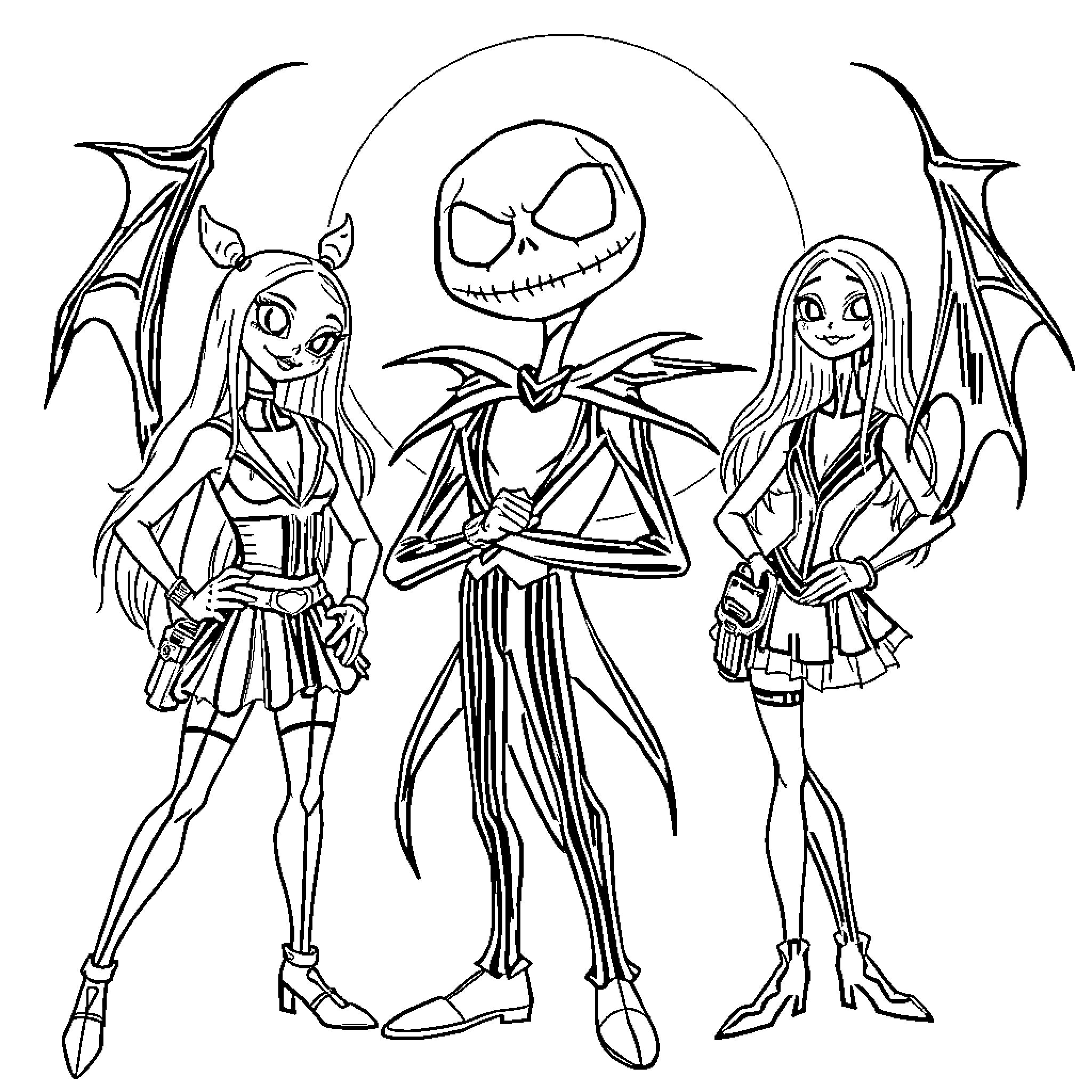 Demon Hunter Characters in Stylized Outfits Coloring Page (free black-and-white line drawing printable PDF for all, from beginners to advanced learners, including children, teens, adults, and seniors)