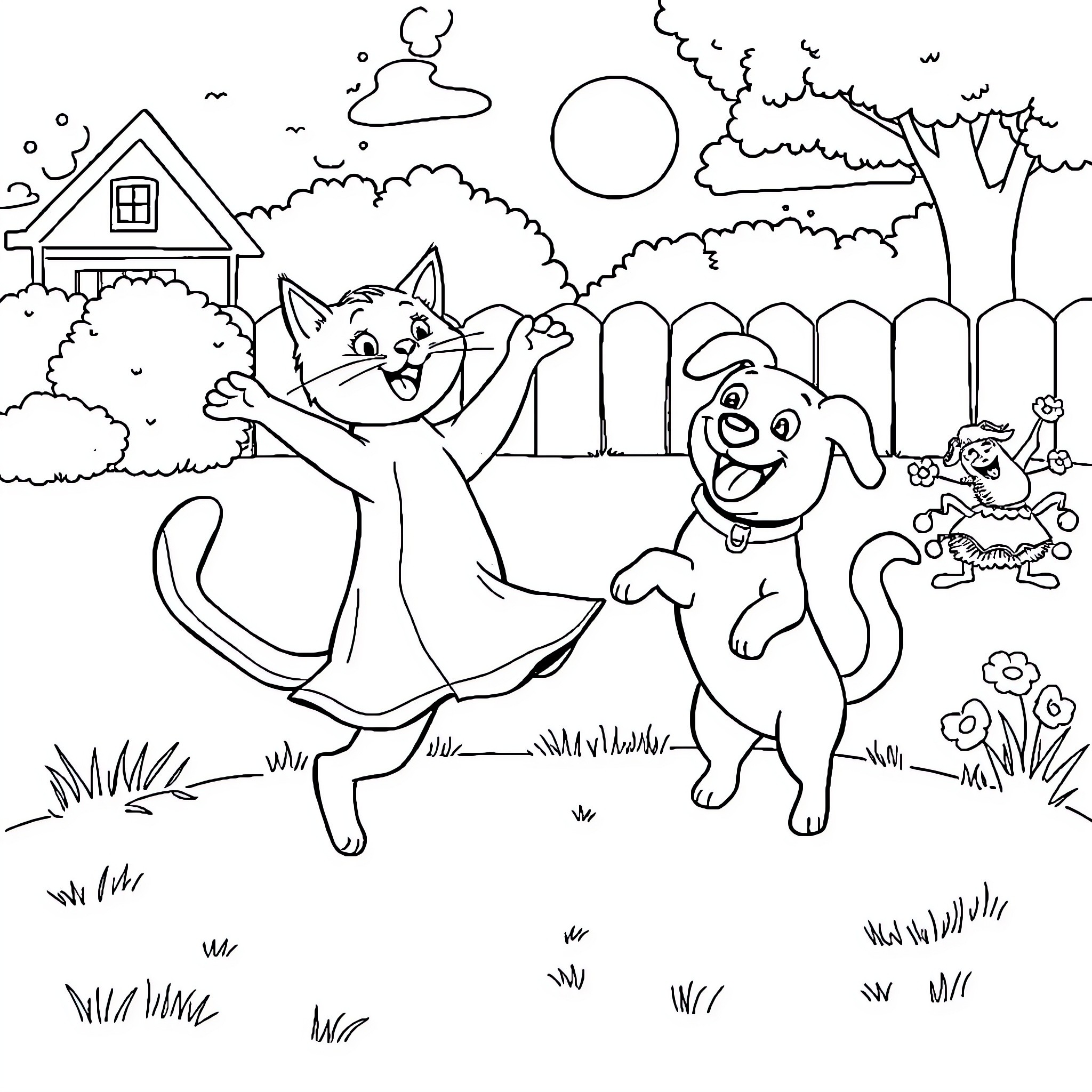 Cat and dog playing happily in the backyard Coloring Page (free black-and-white line drawing printable PDF for all, from beginners to advanced learners, including children, teens, adults, and seniors)