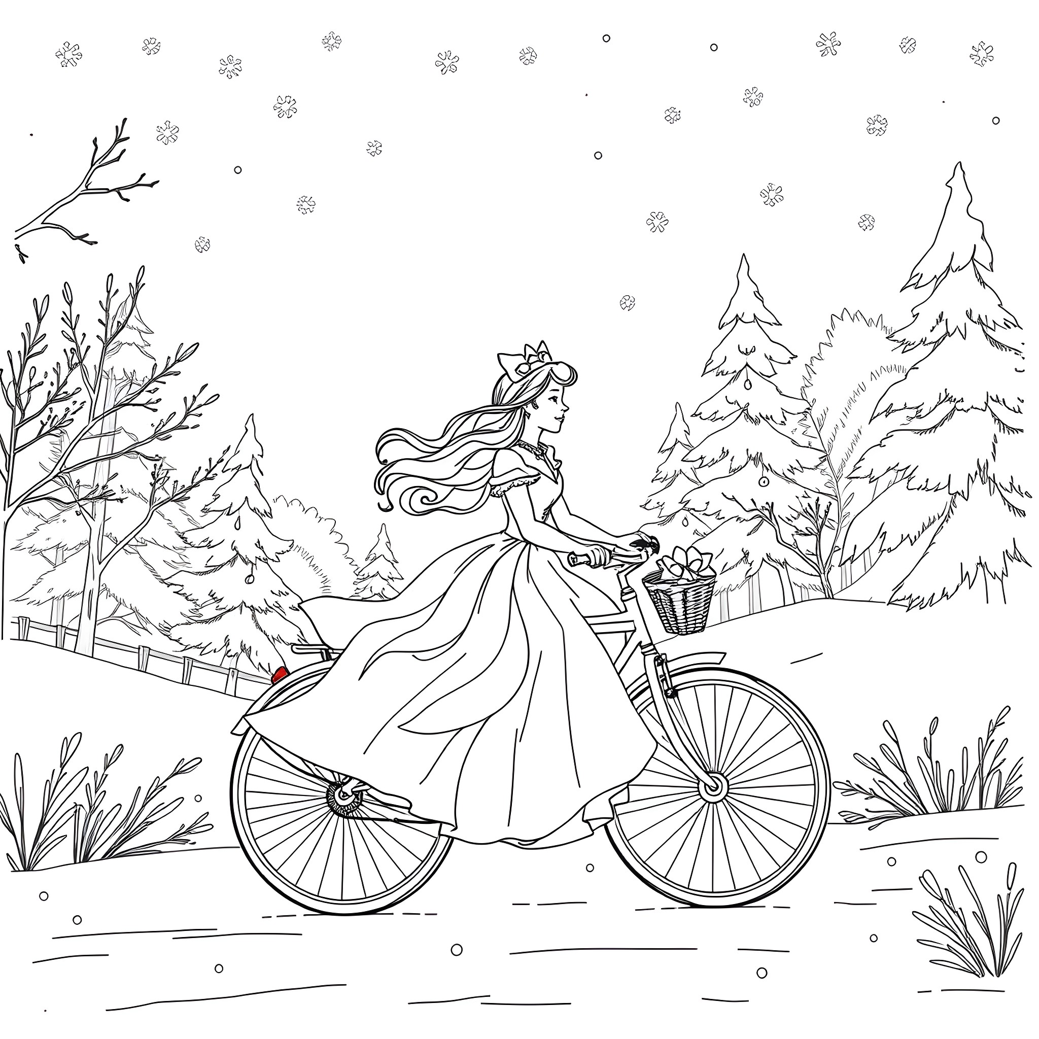 Princess Riding a Bicycle in Snowy Wonderland Coloring Page (free black-and-white line drawing printable PDF for all, from beginners to advanced learners, including children, teens, adults, and seniors)