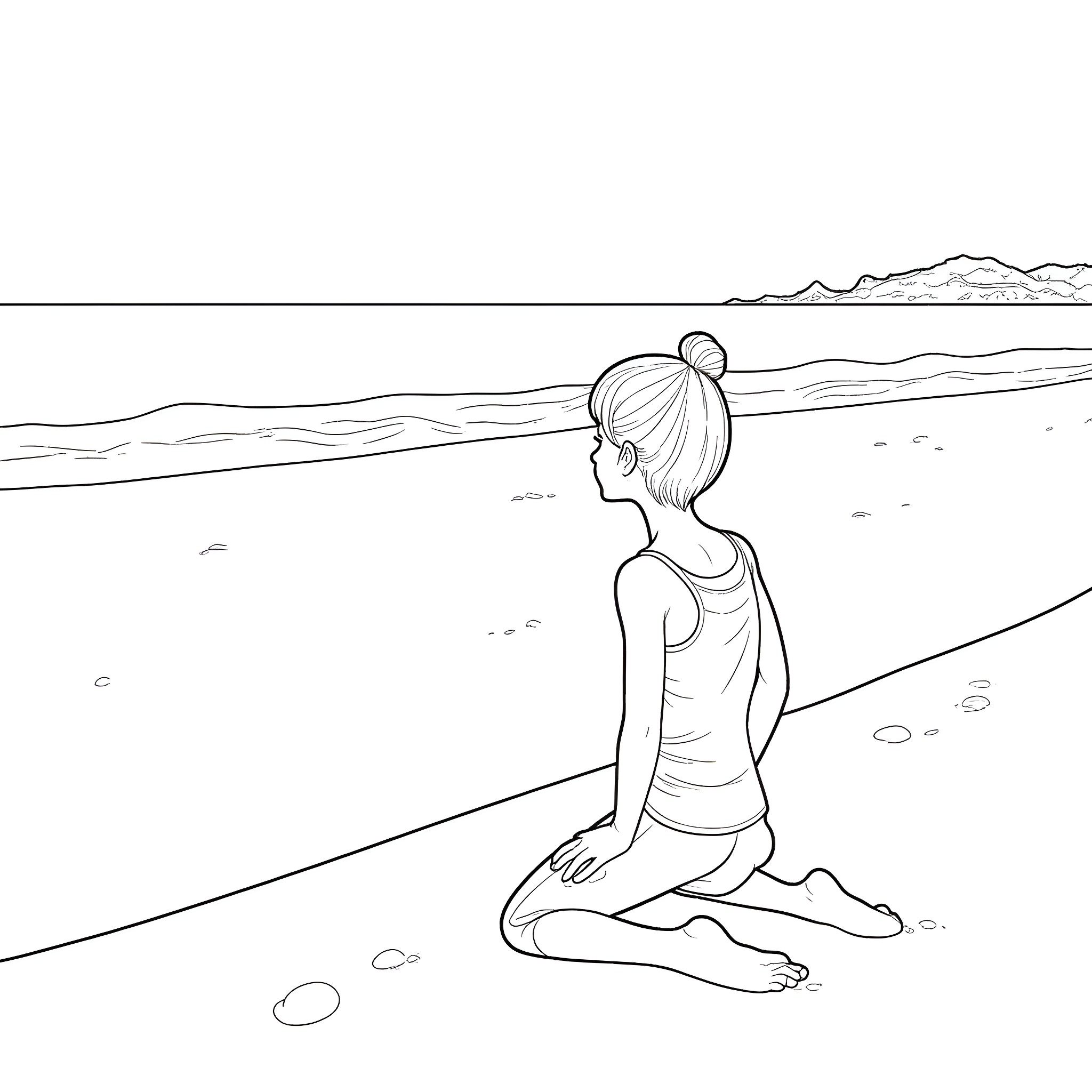 Lady gazing at the serene landscape Coloring Page (free black-and-white line drawing printable PDF for all, from beginners to advanced learners, including children, teens, adults, and seniors)