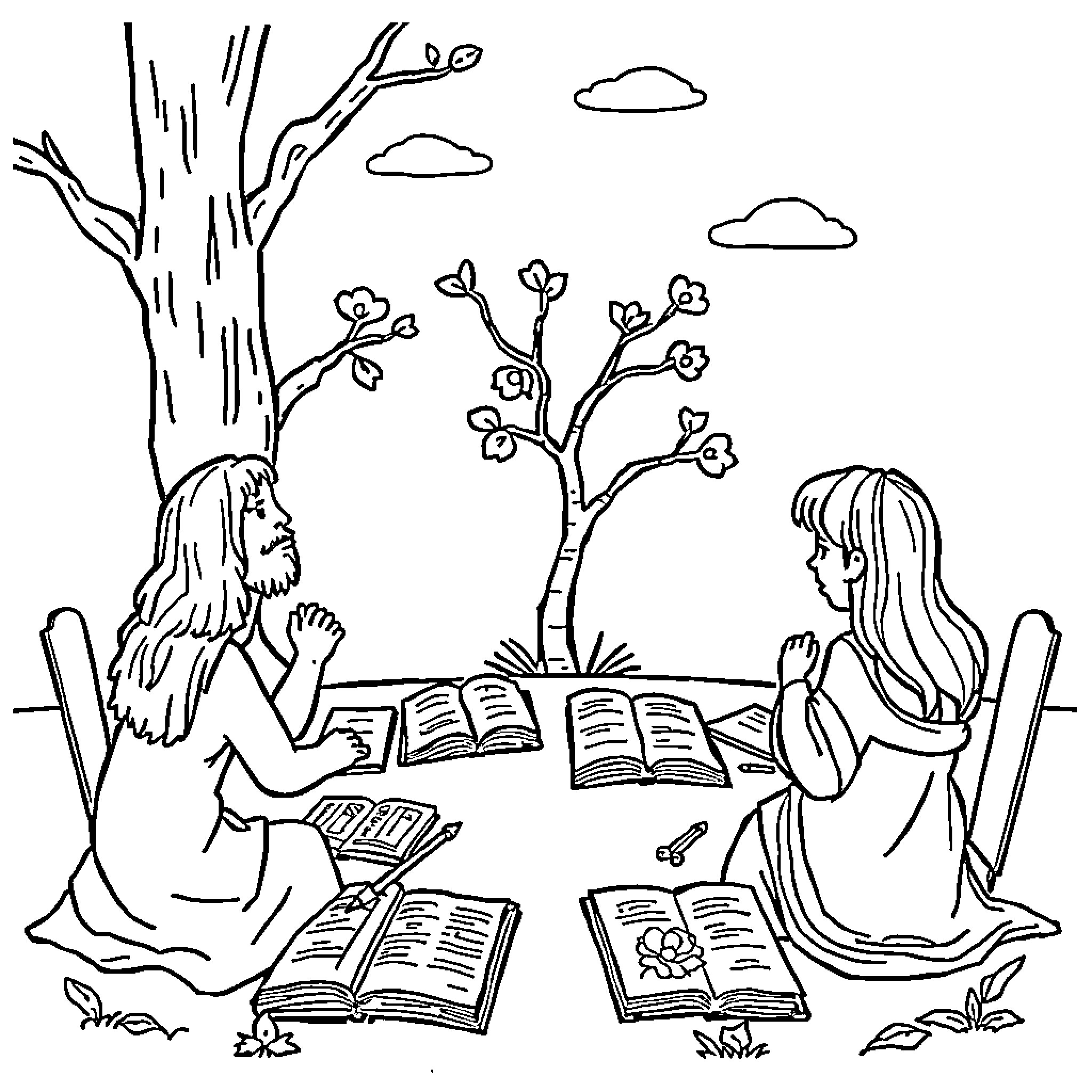 Adam and Eve studying books in a garden Coloring Page (free black-and-white line drawing printable PDF for all, from beginners to advanced learners, including children, teens, adults, and seniors)