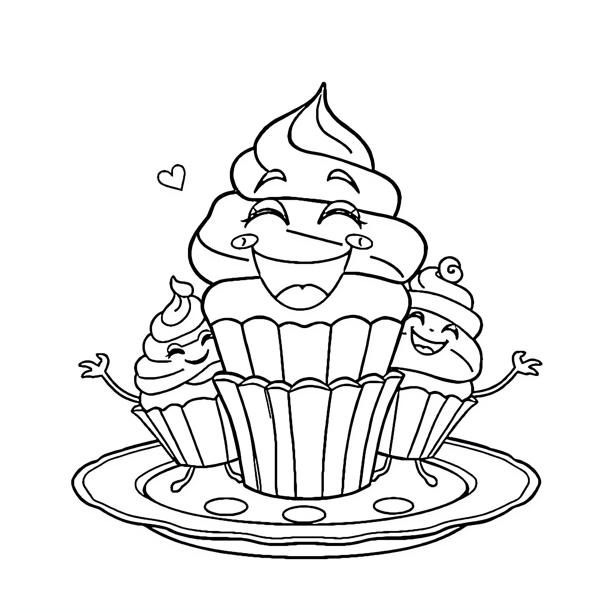 Cupcake friends enjoying a happy gathering Coloring Page (free black-and-white line drawing printable PDF for all, from beginners to advanced learners, including children, teens, adults, and seniors)