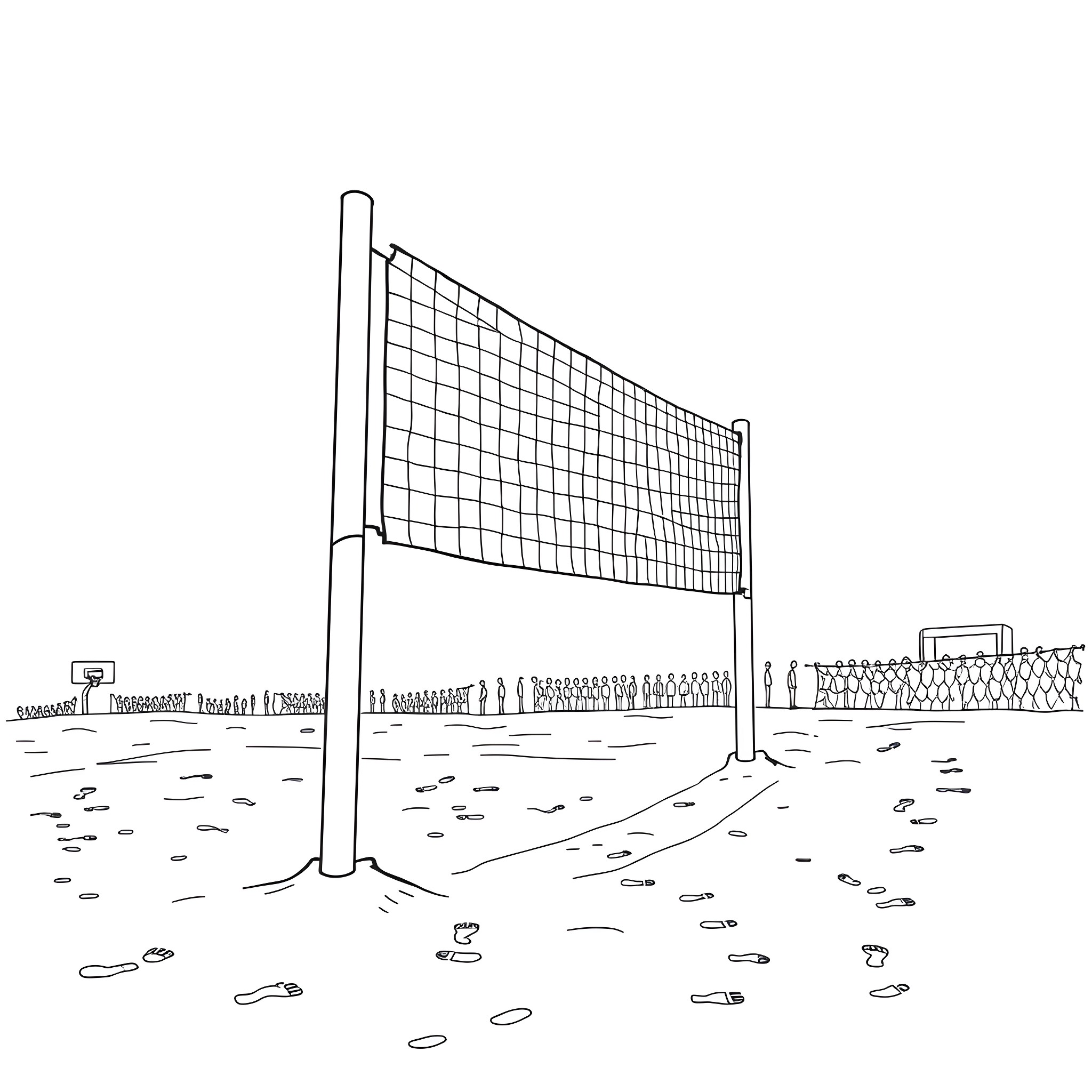 Volleyball net on the beach Coloring Page (free black-and-white line drawing printable PDF for all, from beginners to advanced learners, including children, teens, adults, and seniors)