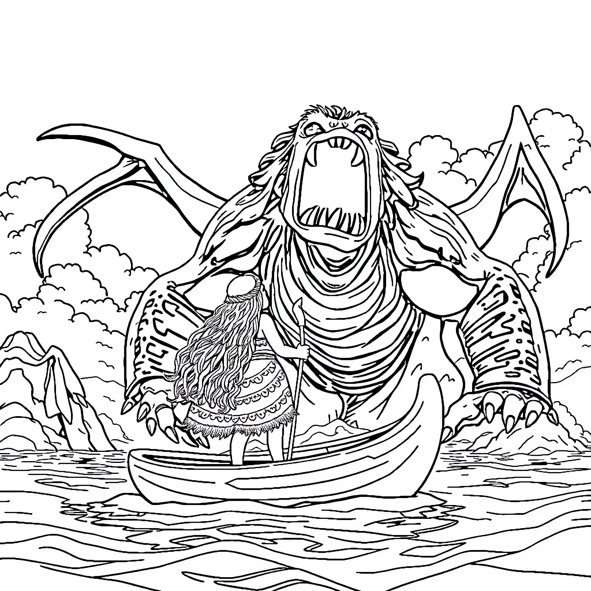 Moana encountering a fearsome sea monster Coloring Page (free black-and-white line drawing printable PDF for all, from beginners to advanced learners, including children, teens, adults, and seniors)