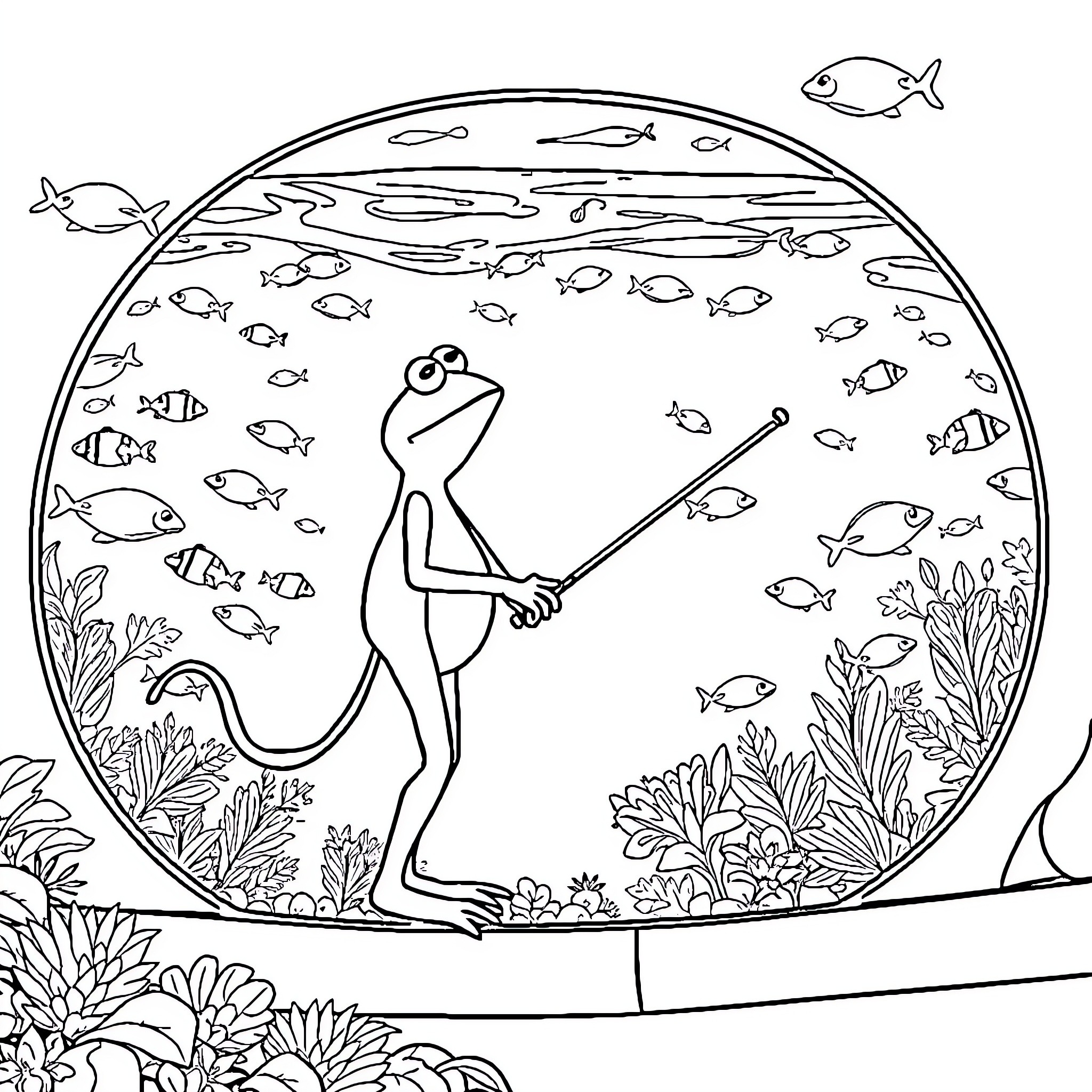 Kermit enjoys fishing in a vibrant underwater scene Coloring Page (free black-and-white line drawing printable PDF for all, from beginners to advanced learners, including children, teens, adults, and seniors)