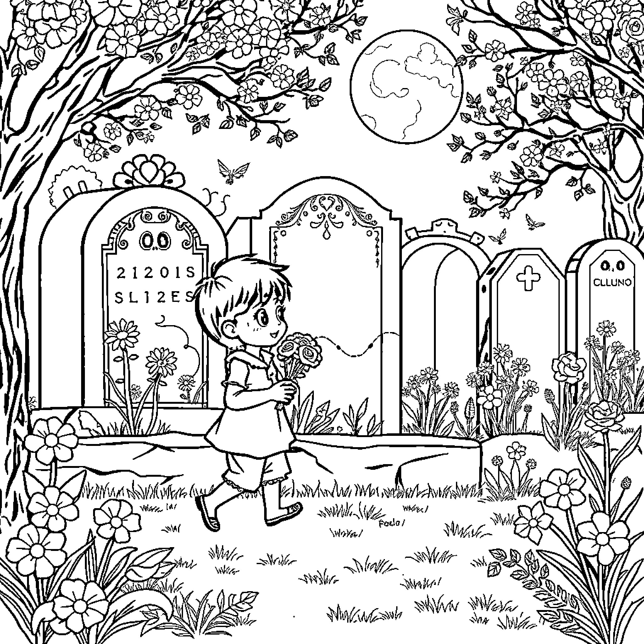 Niño en un cementerio florido Coloring Page (free black-and-white line drawing printable PDF for all, from beginners to advanced learners, including children, teens, adults, and seniors)