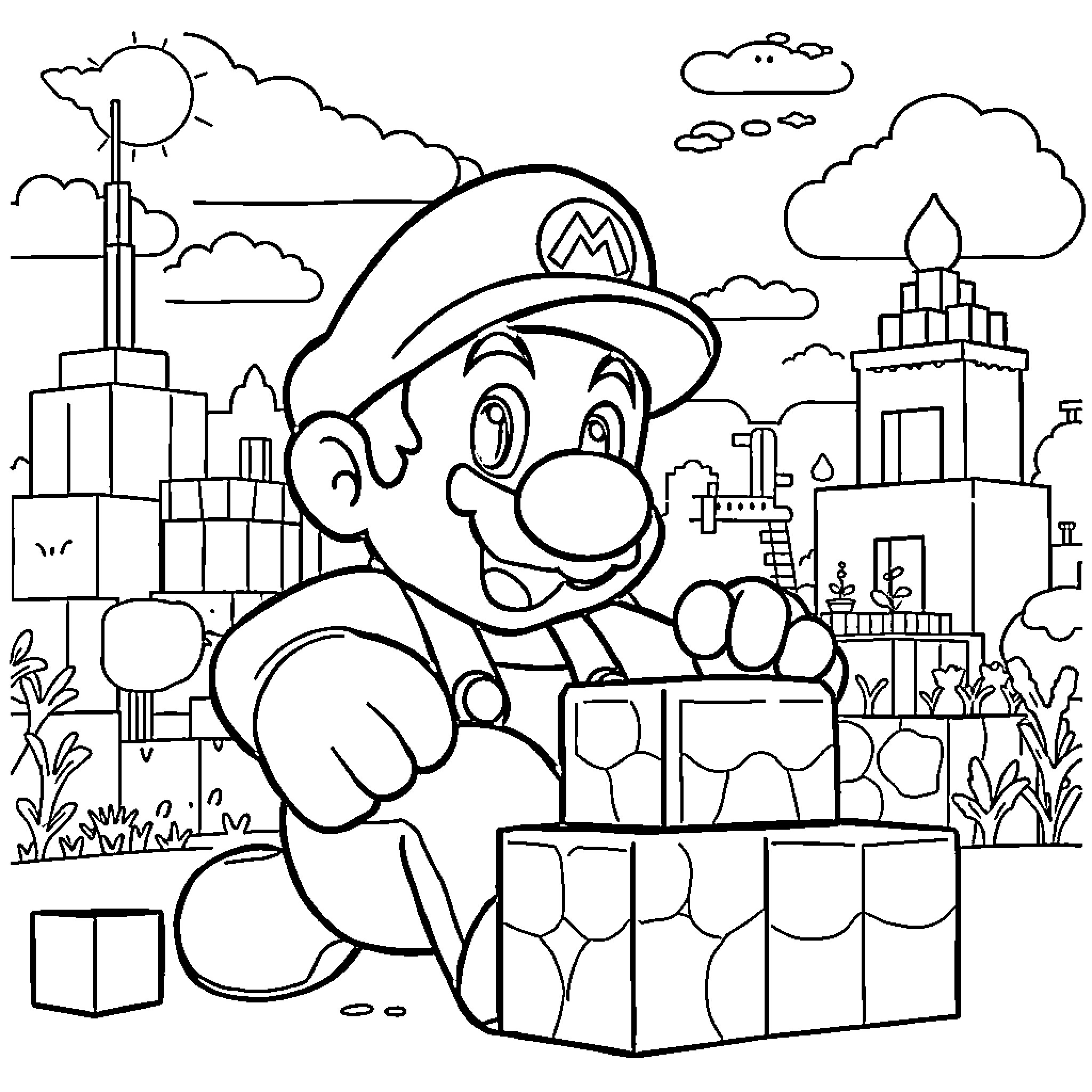 Super Mario Exploring the Vibrant City Landscape Coloring Page (free black-and-white line drawing printable PDF for all, from beginners to advanced learners, including children, teens, adults, and seniors)