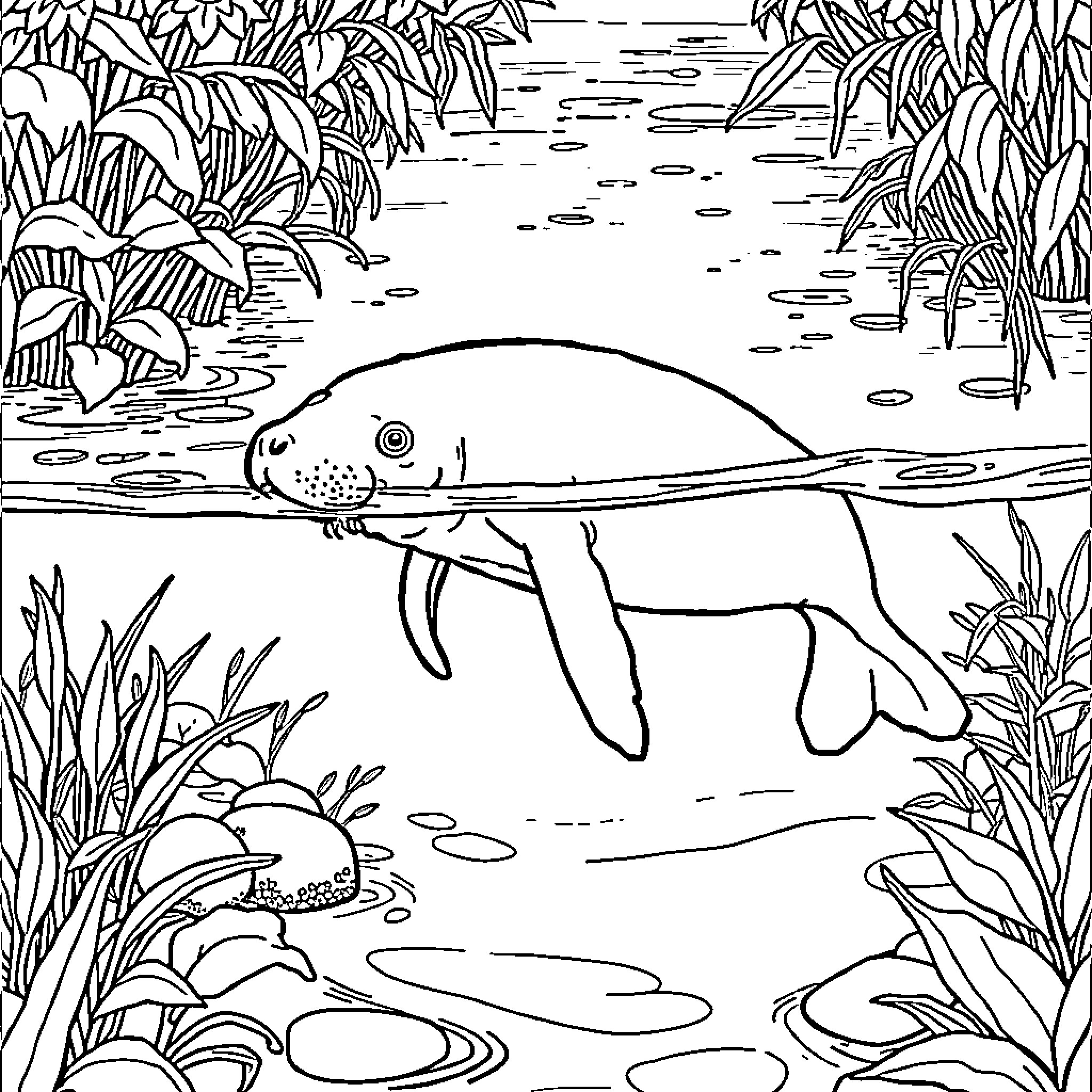 Manatee swimming peacefully in the serene waters Coloring Page (free black-and-white line drawing printable PDF for all, from beginners to advanced learners, including children, teens, adults, and seniors)