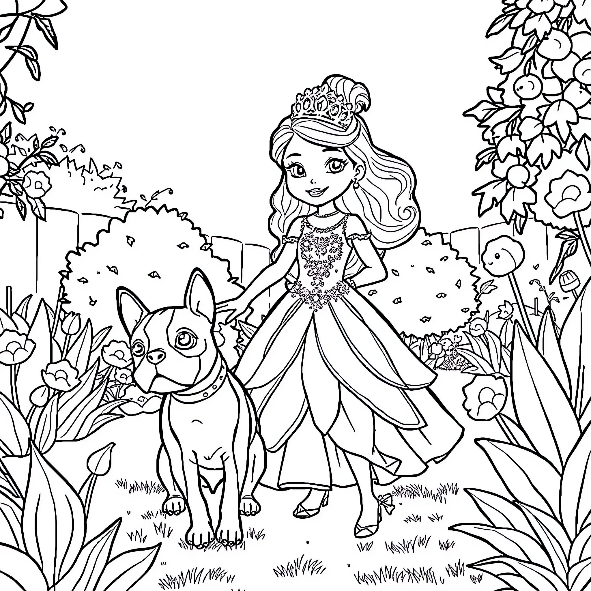 Princess walking in a magical garden with animals Coloring Page (free black-and-white line drawing printable PDF for all, from beginners to advanced learners, including children, teens, adults, and seniors)