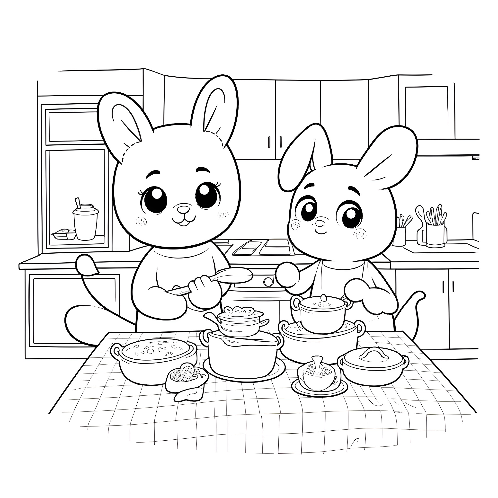 Friend Bunnies Enjoying a Meal Together in the Kitchen Coloring Page (free black-and-white line drawing printable PDF for all, from beginners to advanced learners, including children, teens, adults, and seniors)