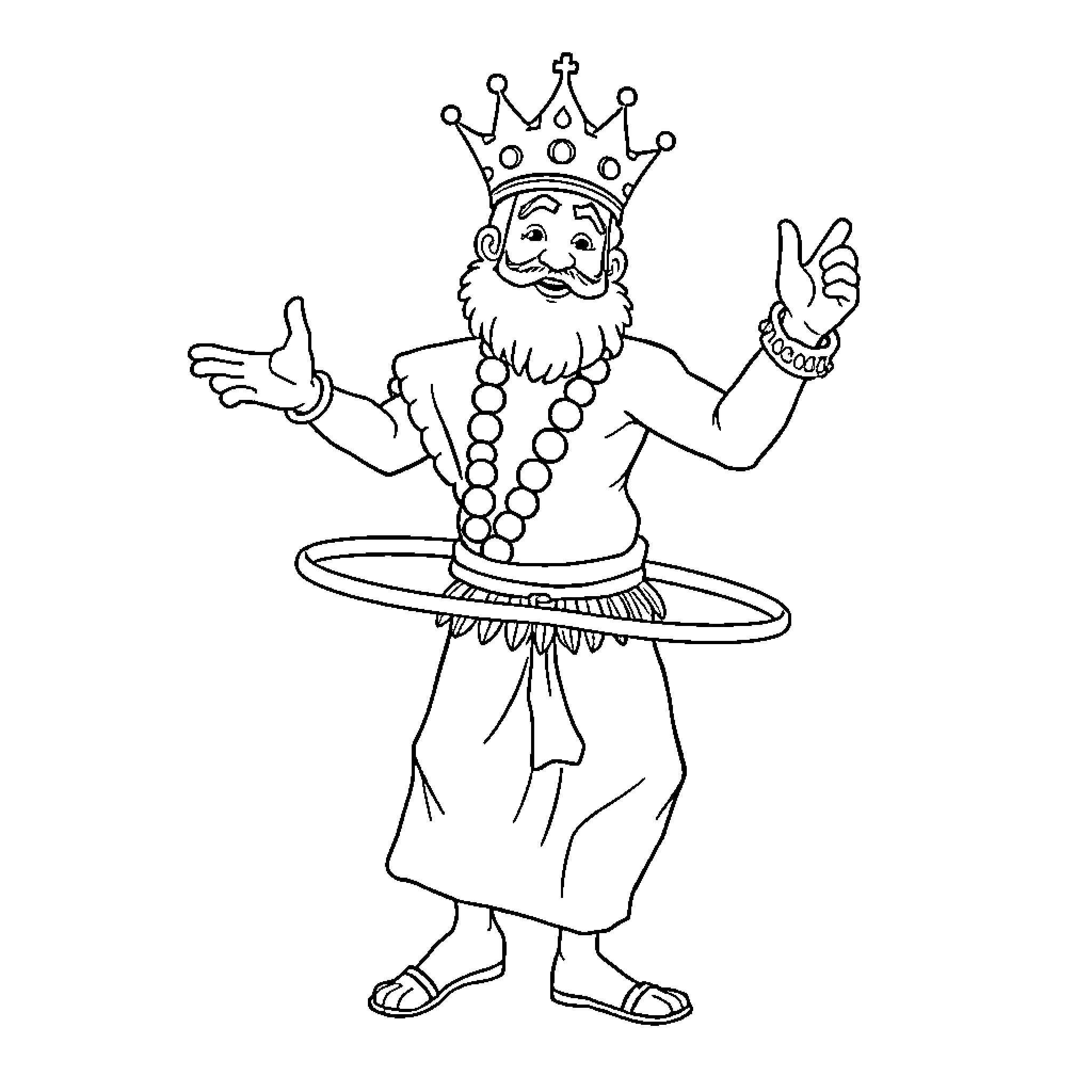 King Julian posing with crown and hoop Coloring Page (free black-and-white line drawing printable PDF for all, from beginners to advanced learners, including children, teens, adults, and seniors)