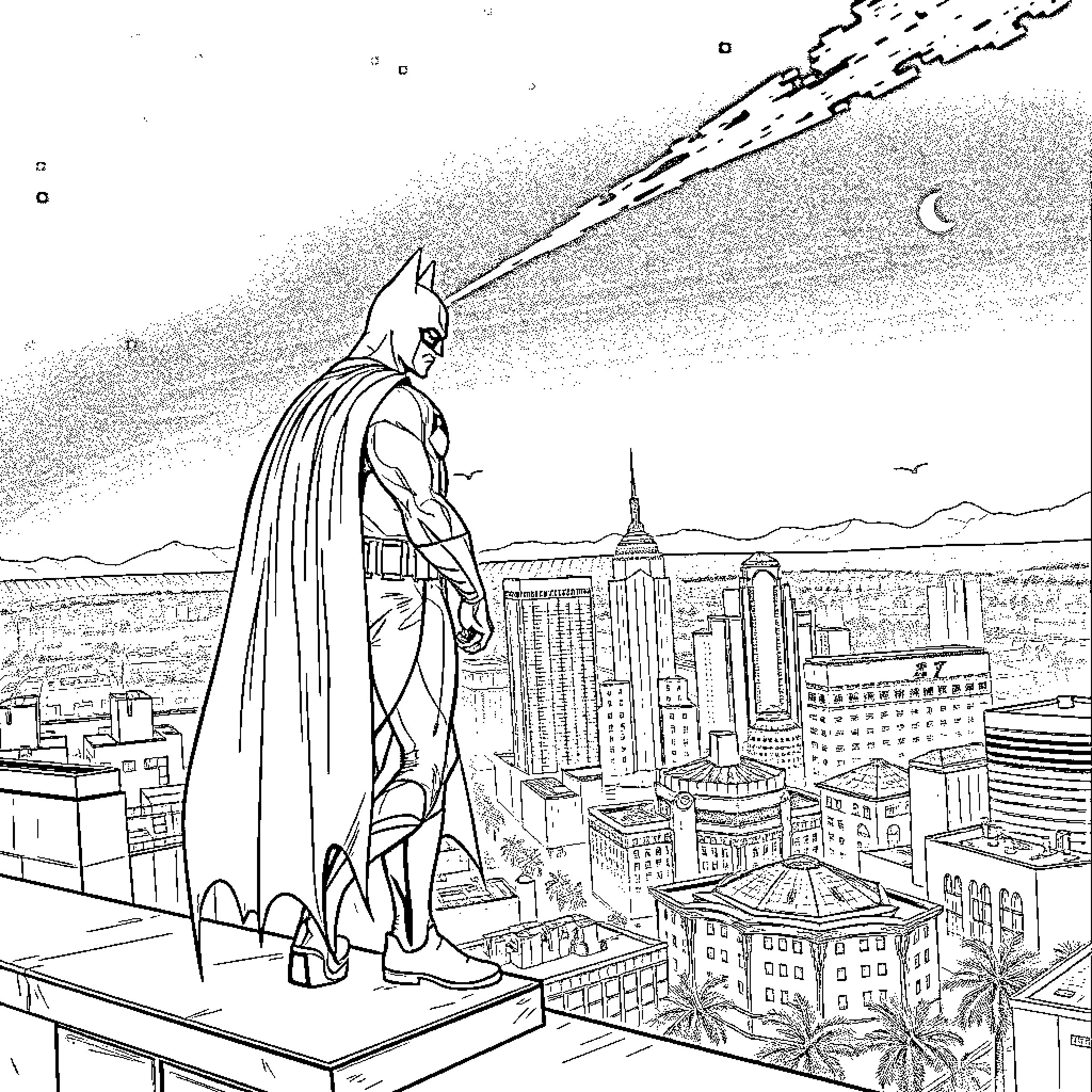Batman overlooking the city at night Coloring Page (free black-and-white line drawing printable PDF for all, from beginners to advanced learners, including children, teens, adults, and seniors)