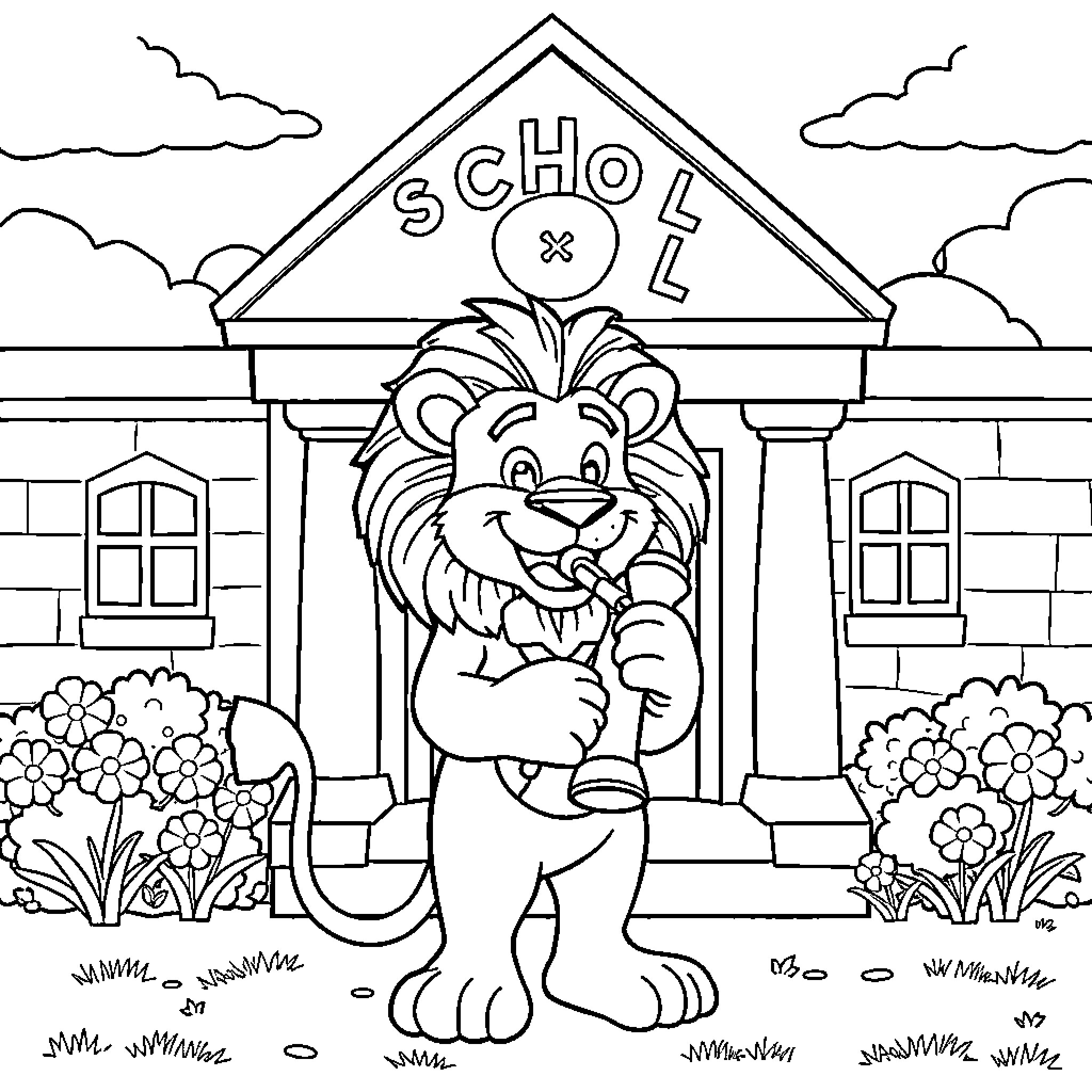 Lion mascot standing in front of school Coloring Page (free black-and-white line drawing printable PDF for all, from beginners to advanced learners, including children, teens, adults, and seniors)