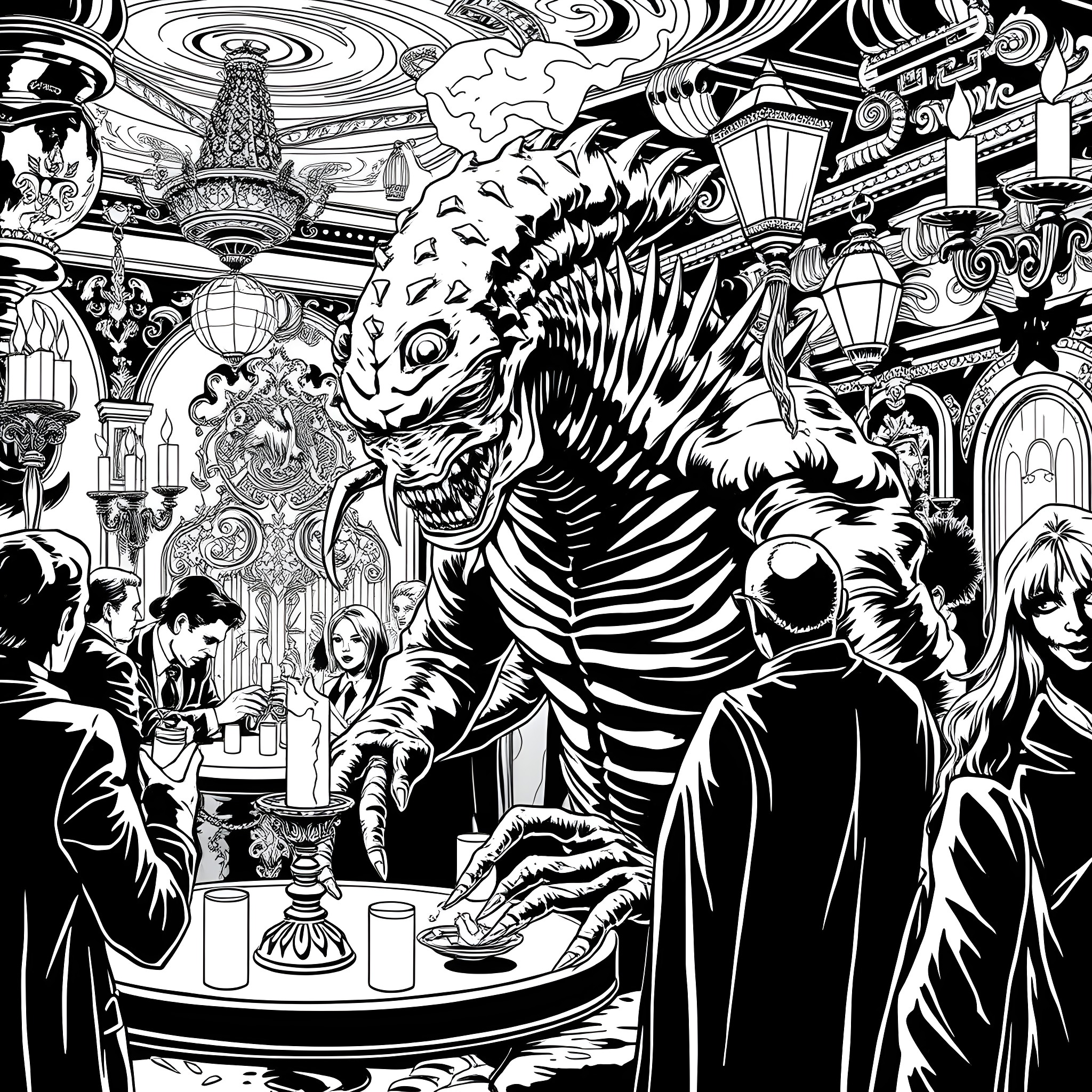 Creature Menacing in a Fantastical Carnival Scene Coloring Page (free black-and-white line drawing printable PDF for all, from beginners to advanced learners, including children, teens, adults, and seniors)