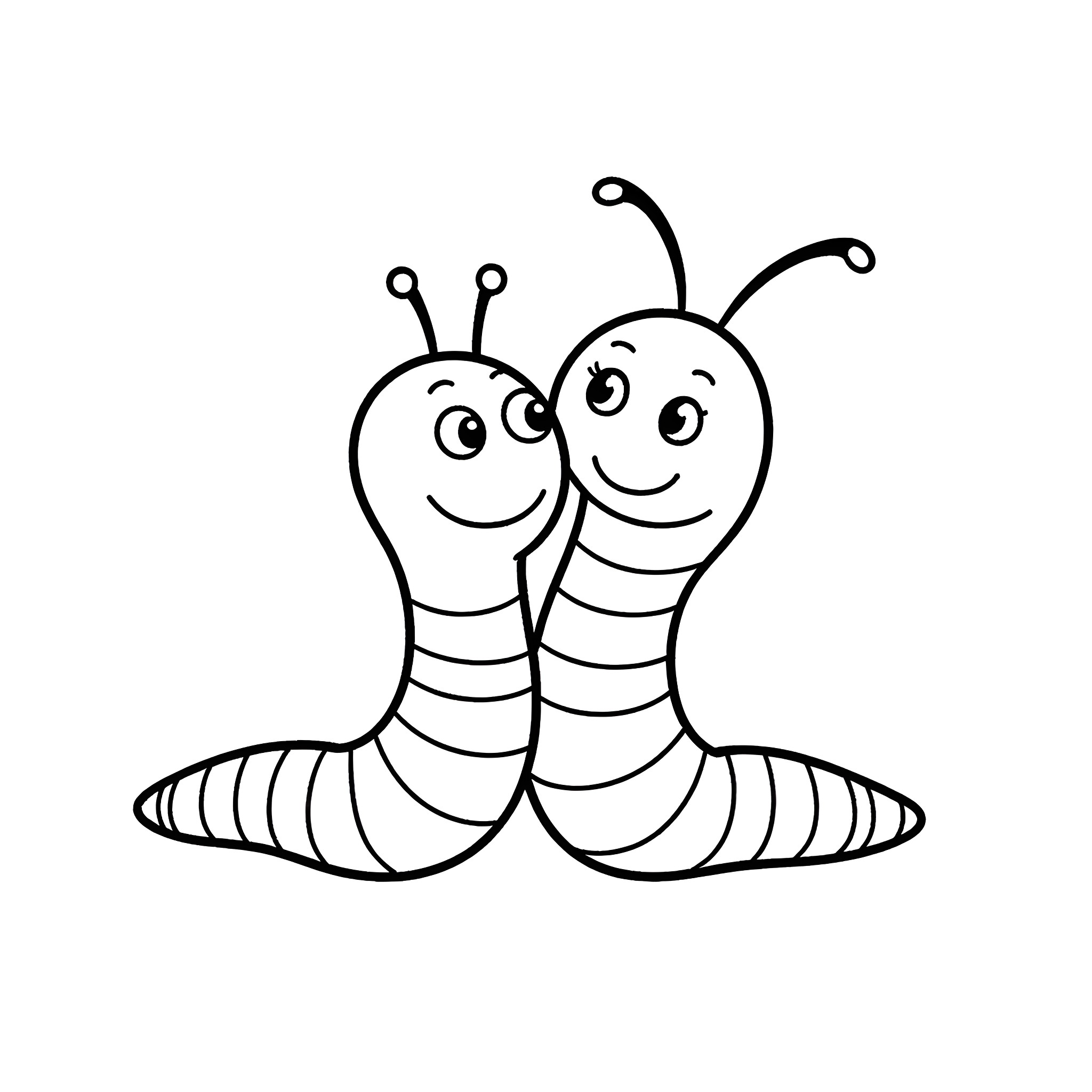 Worm friends cuddling happily together Coloring Page (free black-and-white line drawing printable PDF for all, from beginners to advanced learners, including children, teens, adults, and seniors)