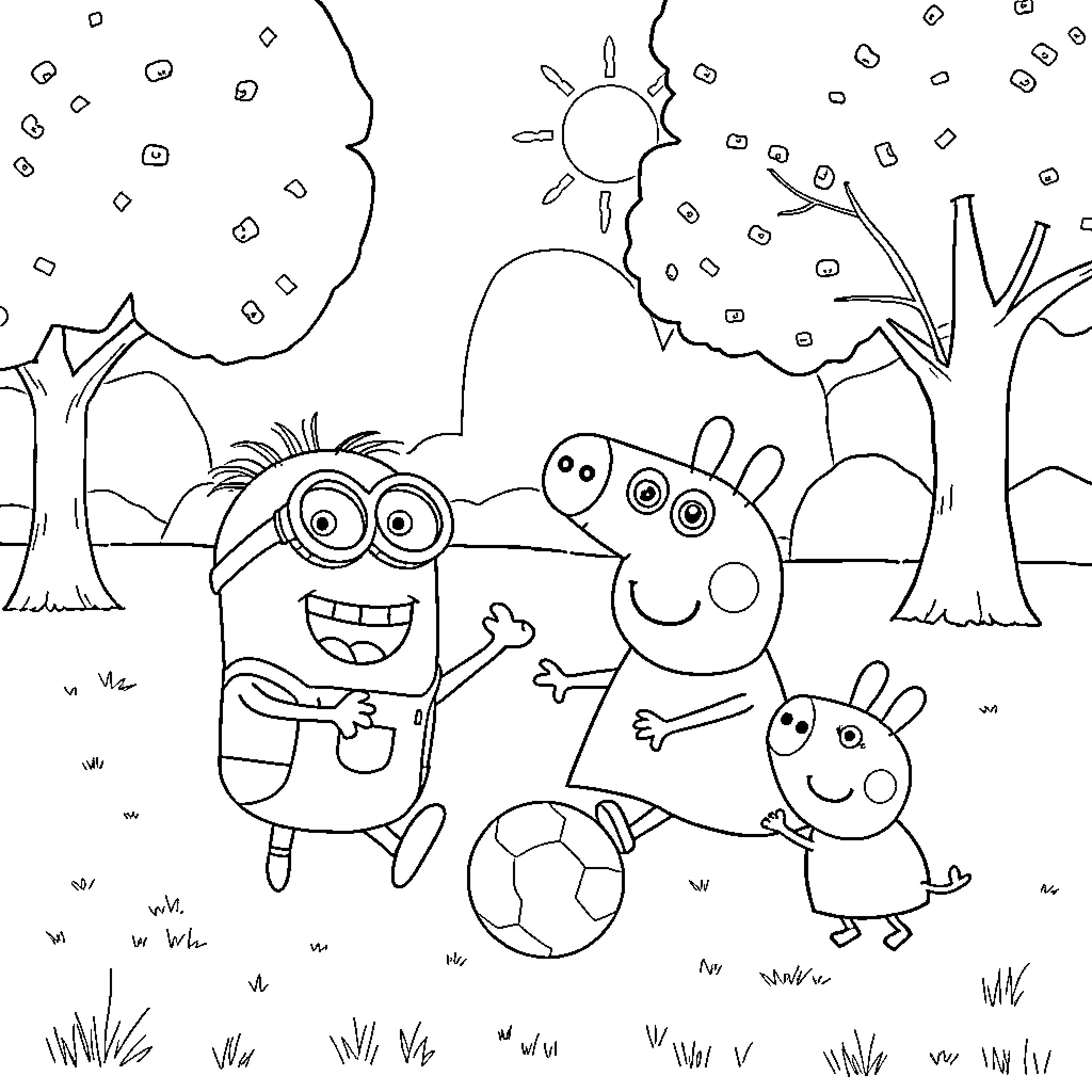 Minions playing soccer in the park Coloring Page (free black-and-white line drawing printable PDF for all, from beginners to advanced learners, including children, teens, adults, and seniors)