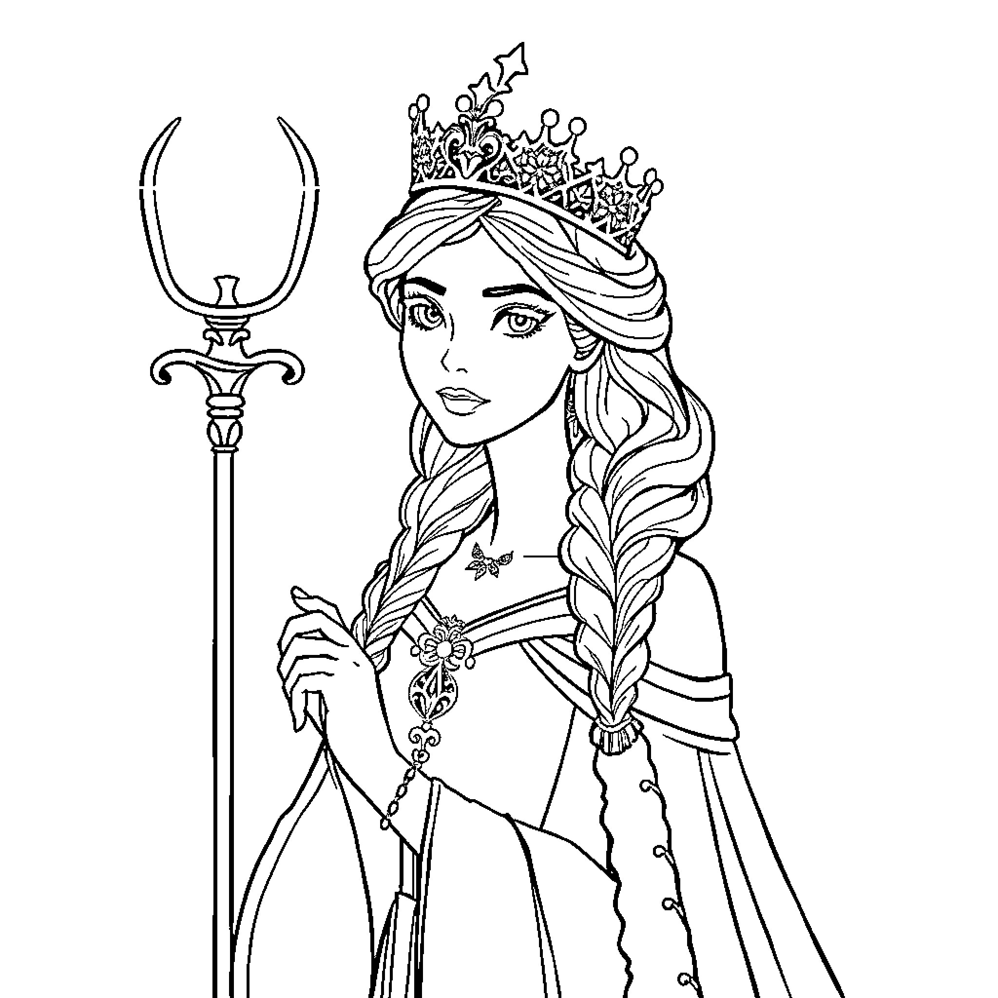 Queen wielding a trident with regal attire Coloring Page (free black-and-white line drawing printable PDF for all, from beginners to advanced learners, including children, teens, adults, and seniors)