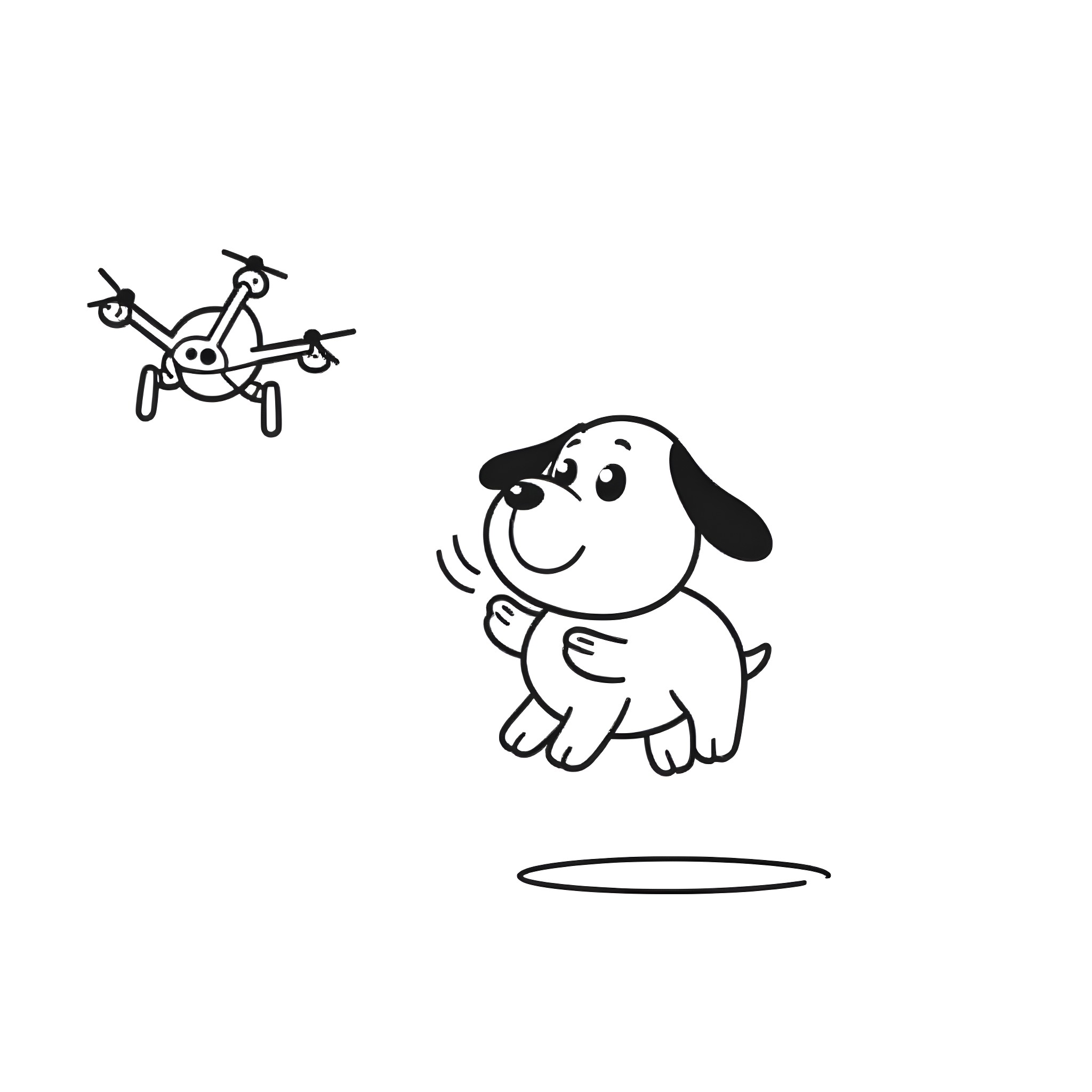 Droopy Dog chasing after a drone Coloring Page (free black-and-white line drawing printable PDF for all, from beginners to advanced learners, including children, teens, adults, and seniors)