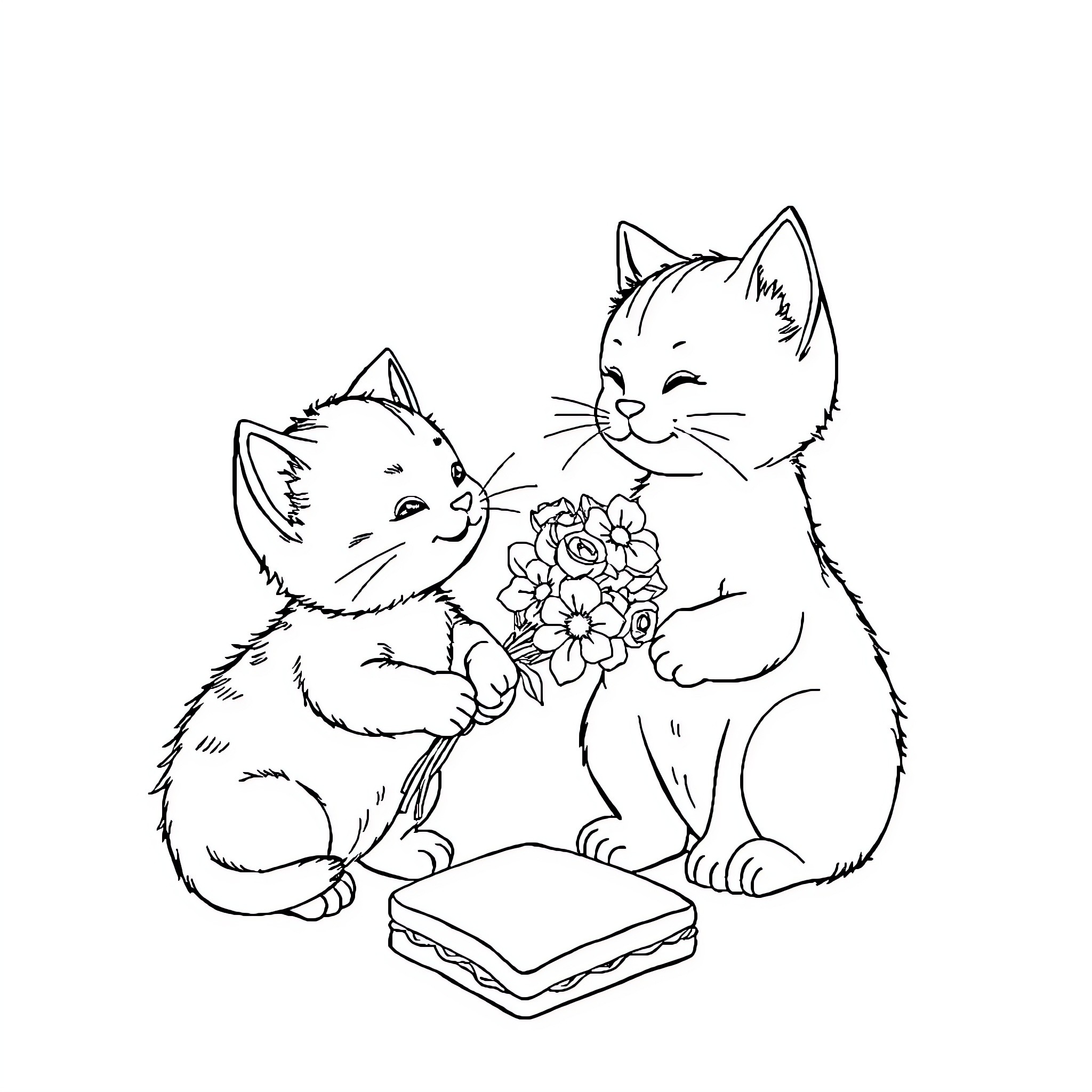 Chat with flowers between two playful cats Coloring Page (free black-and-white line drawing printable PDF for all, from beginners to advanced learners, including children, teens, adults, and seniors)