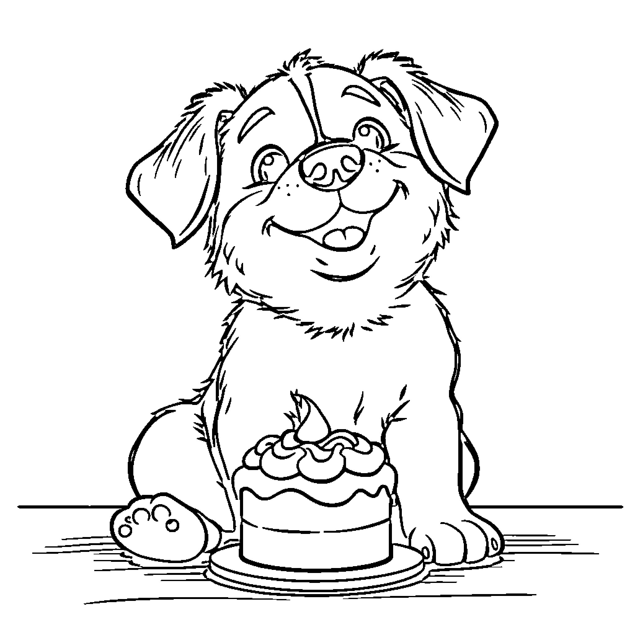 Dog Enjoying Birthday Cake with Excitement Coloring Page (free black-and-white line drawing printable PDF for all, from beginners to advanced learners, including children, teens, adults, and seniors)