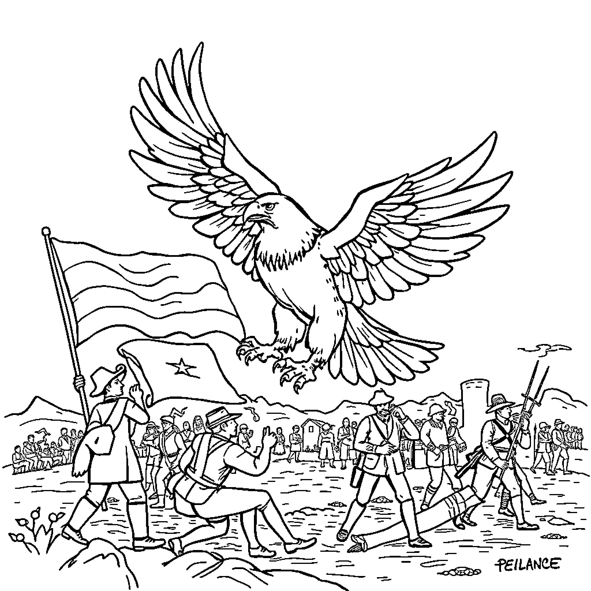 Independence: Eagle soars over marching soldiers and civilians Coloring Page (free black-and-white line drawing printable PDF for all, from beginners to advanced learners, including children, teens, adults, and seniors)