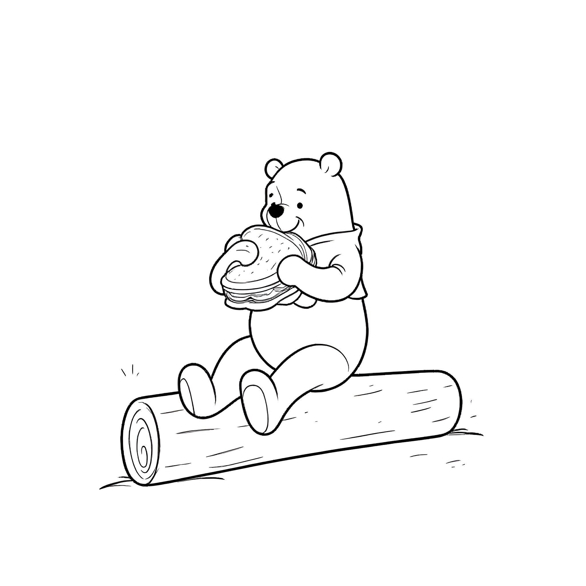 Winnie The Pooh enjoying a snack on a log Coloring Page (free black-and-white line drawing printable PDF for all, from beginners to advanced learners, including children, teens, adults, and seniors)