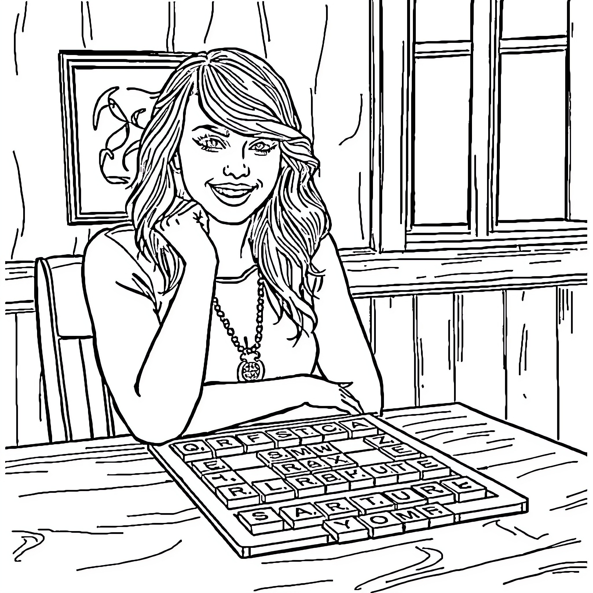 Taylor Swift Posing with Crossword Puzzle Coloring Page (free black-and-white line drawing printable PDF for all, from beginners to advanced learners, including children, teens, adults, and seniors)