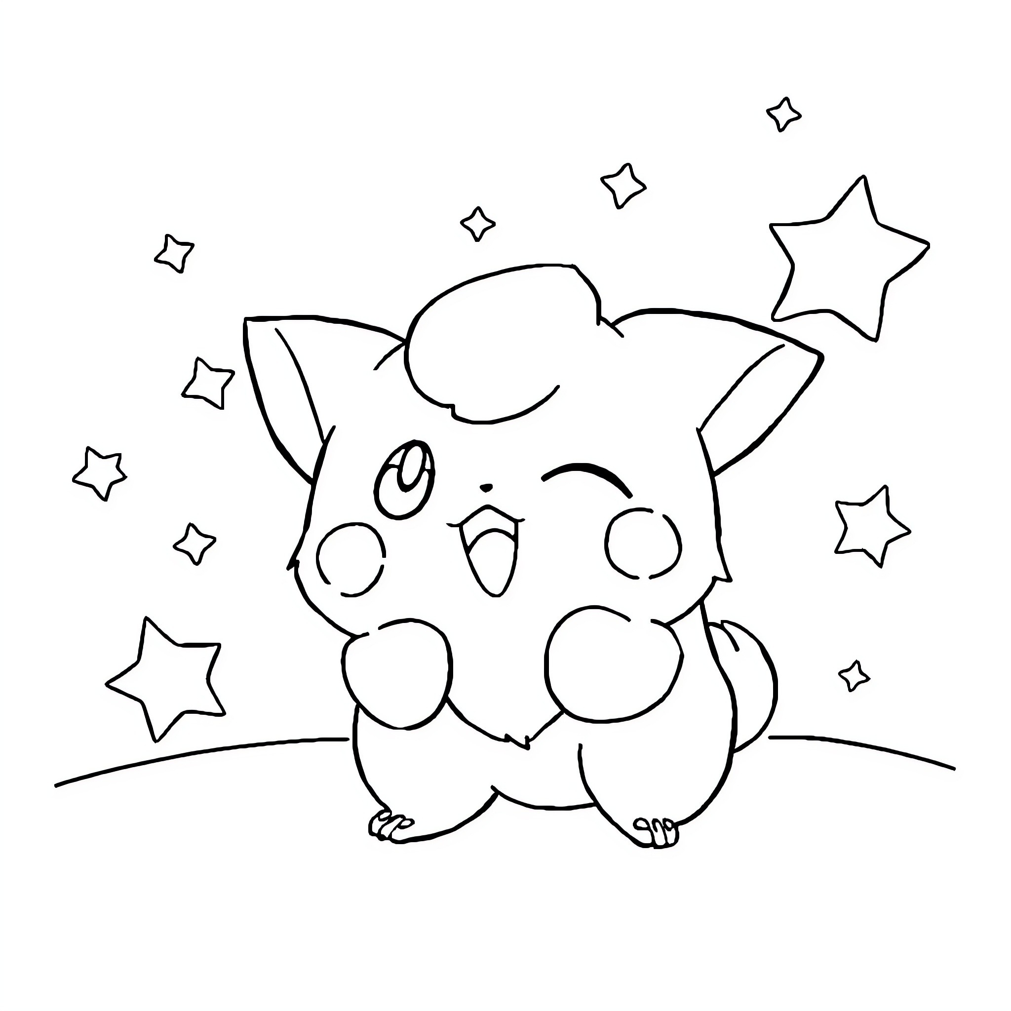 Jigglypuff surrounded by playful stars Coloring Page (free black-and-white line drawing printable PDF for all, from beginners to advanced learners, including children, teens, adults, and seniors)