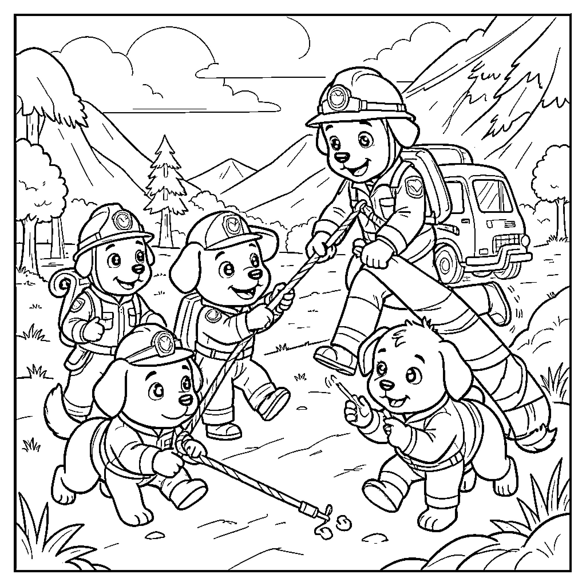 Paw Patrol pups playing and adventuring together outdoors Coloring Page (free black-and-white line drawing printable PDF for all, from beginners to advanced learners, including children, teens, adults, and seniors)
