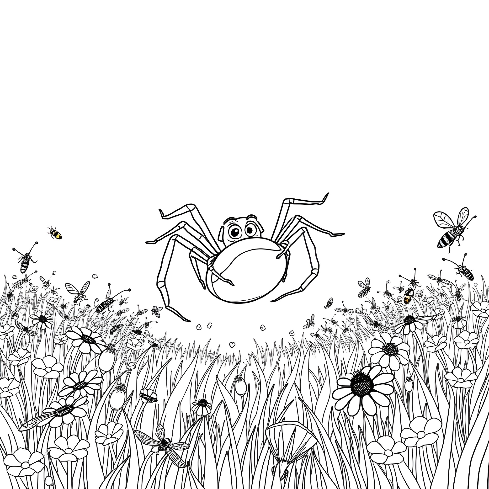 Spider scurrying amidst delightful garden creatures Coloring Page (free black-and-white line drawing printable PDF for all, from beginners to advanced learners, including children, teens, adults, and seniors)