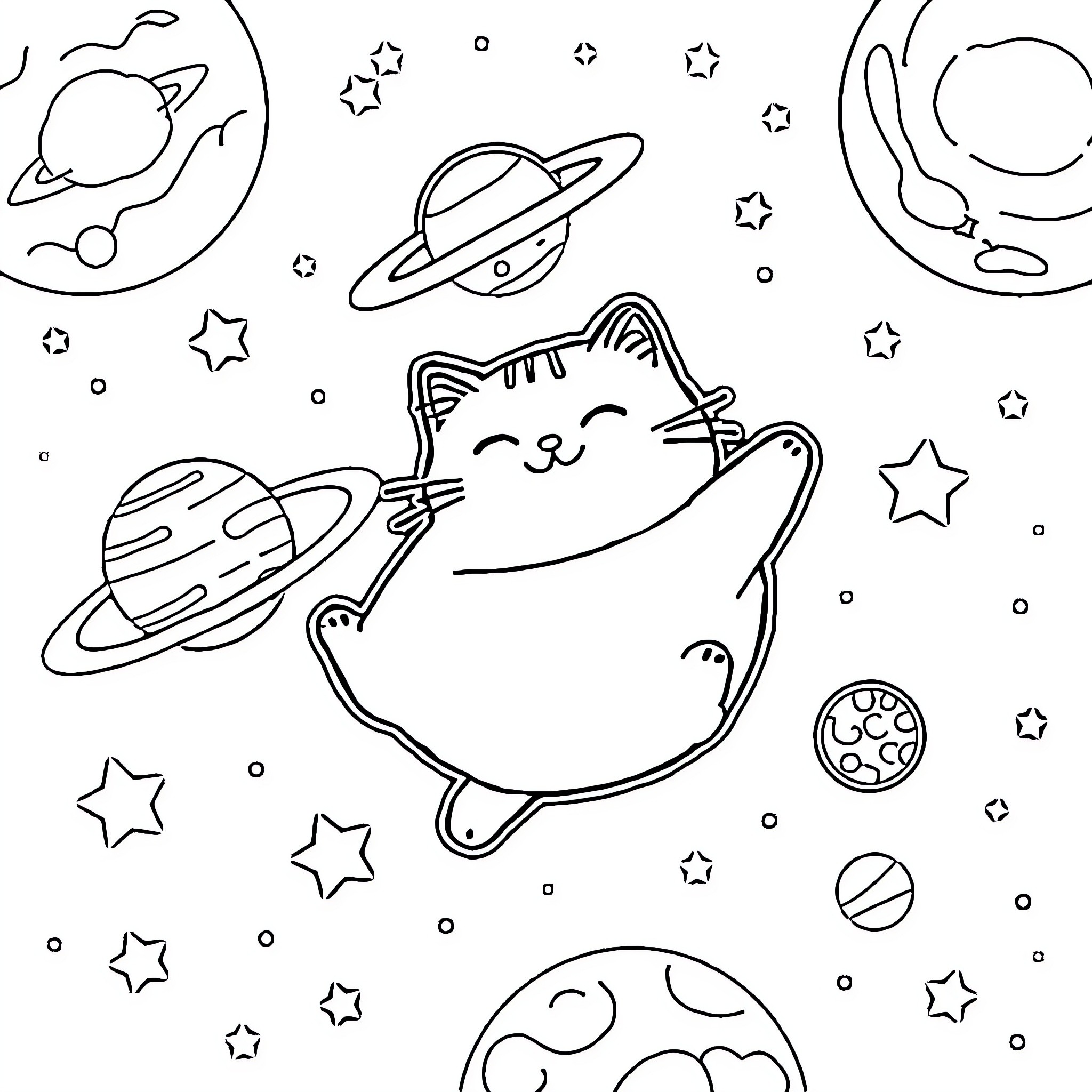 Pusheen exploring the cosmic universe Coloring Page (free black-and-white line drawing printable PDF for all, from beginners to advanced learners, including children, teens, adults, and seniors)