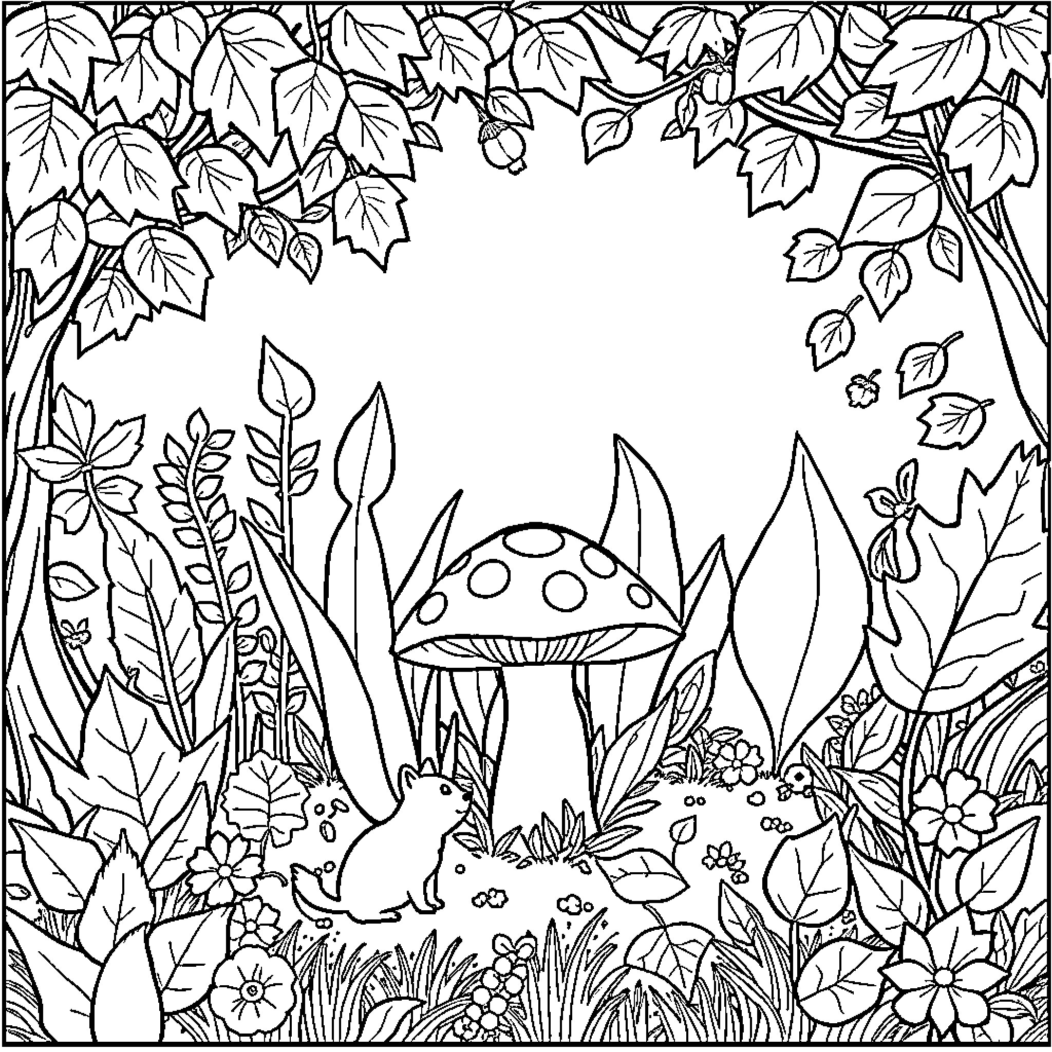 Fairy forest with mushrooms and flowers Coloring Page (free black-and-white line drawing printable PDF for all, from beginners to advanced learners, including children, teens, adults, and seniors)
